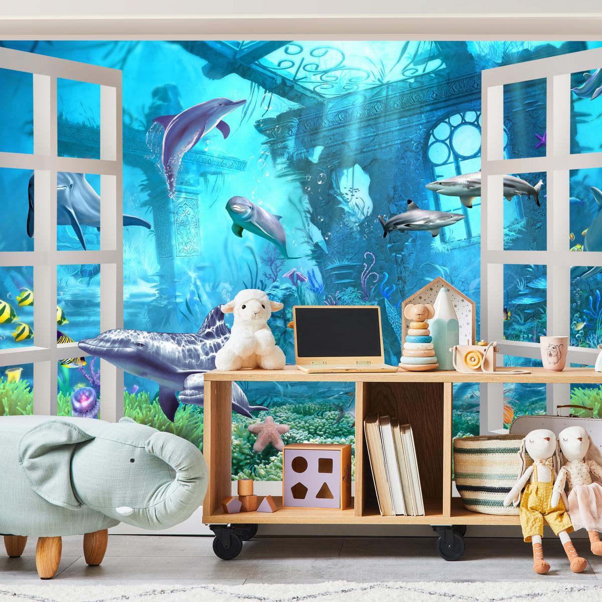 FOTOTAPETE für Schlafzimmer Fenster Unterwasserwelt Delfine Riff 450x315 - Blau/Weiß, Papier (450/315cm) - Muralo