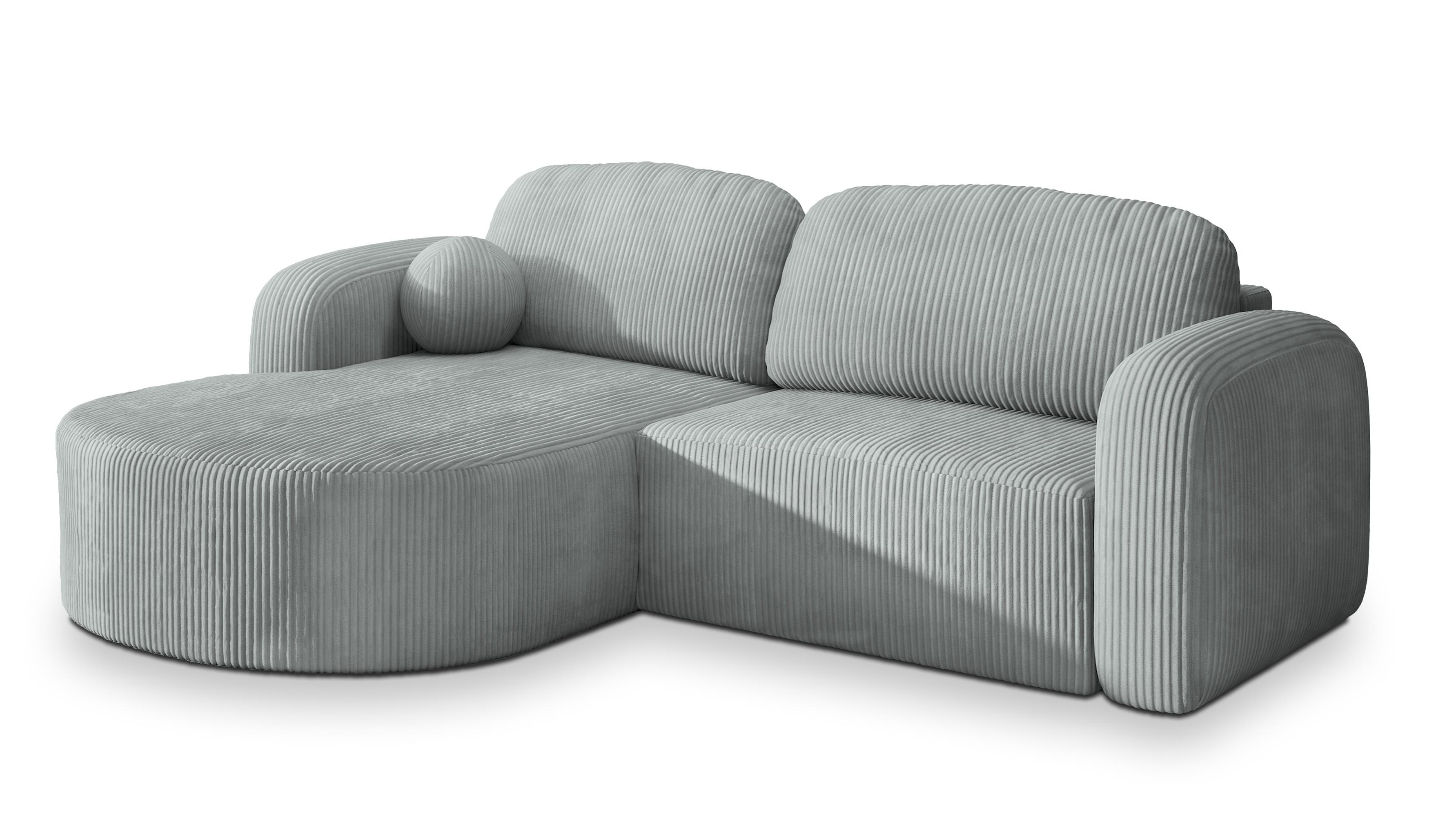 ECKSOFA AMILIA P L-S Hellgrau Kordstoff mit Schlaffunktion - Hellgrau, Holz (263/174cm) - MASSENO