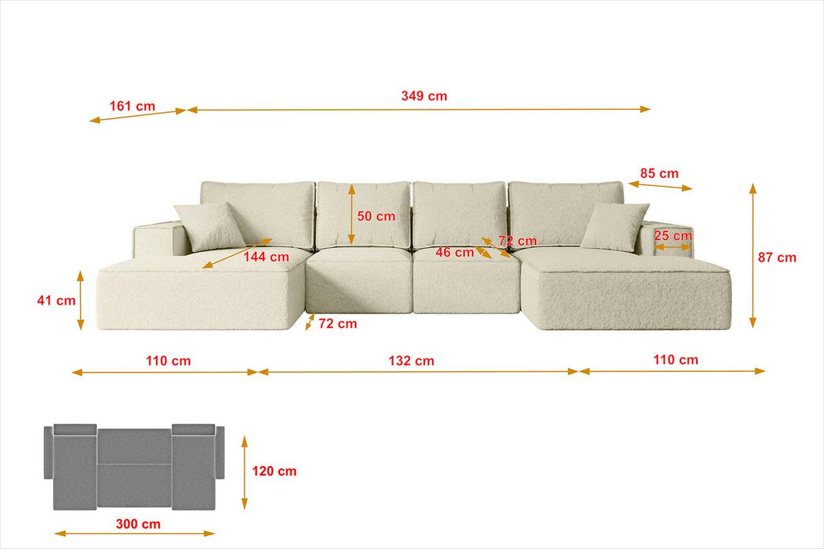 WOHNLANDSCHAFT mit Schlaffunktion und Bettkasten SIERRA-U-S - 349x161x87 cm Beige Bouclé - Beige/Schwarz, Holzwerkstoff/Kunststoff (349/87/161cm) - ALTDECOR