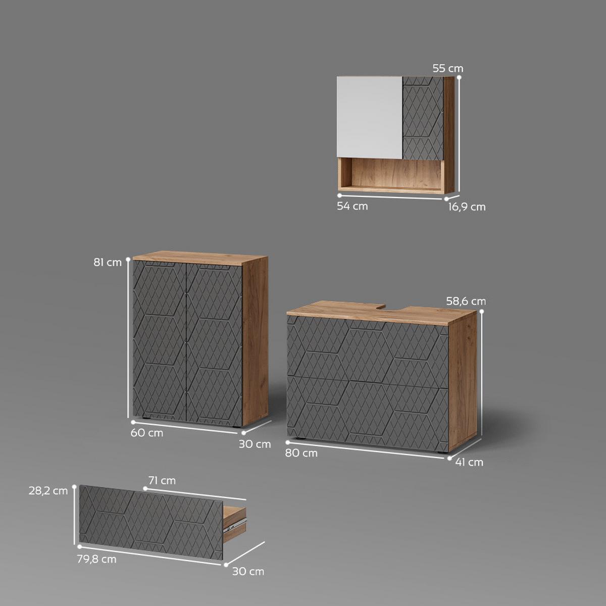 BADMÖBEL-SET Ronco Anthrazit mit Wabenstruktur 3 Teile, mit Unterschrank 80 cm - Anthrazit, Holzwerkstoff (80/58/41cm) - Livinity®