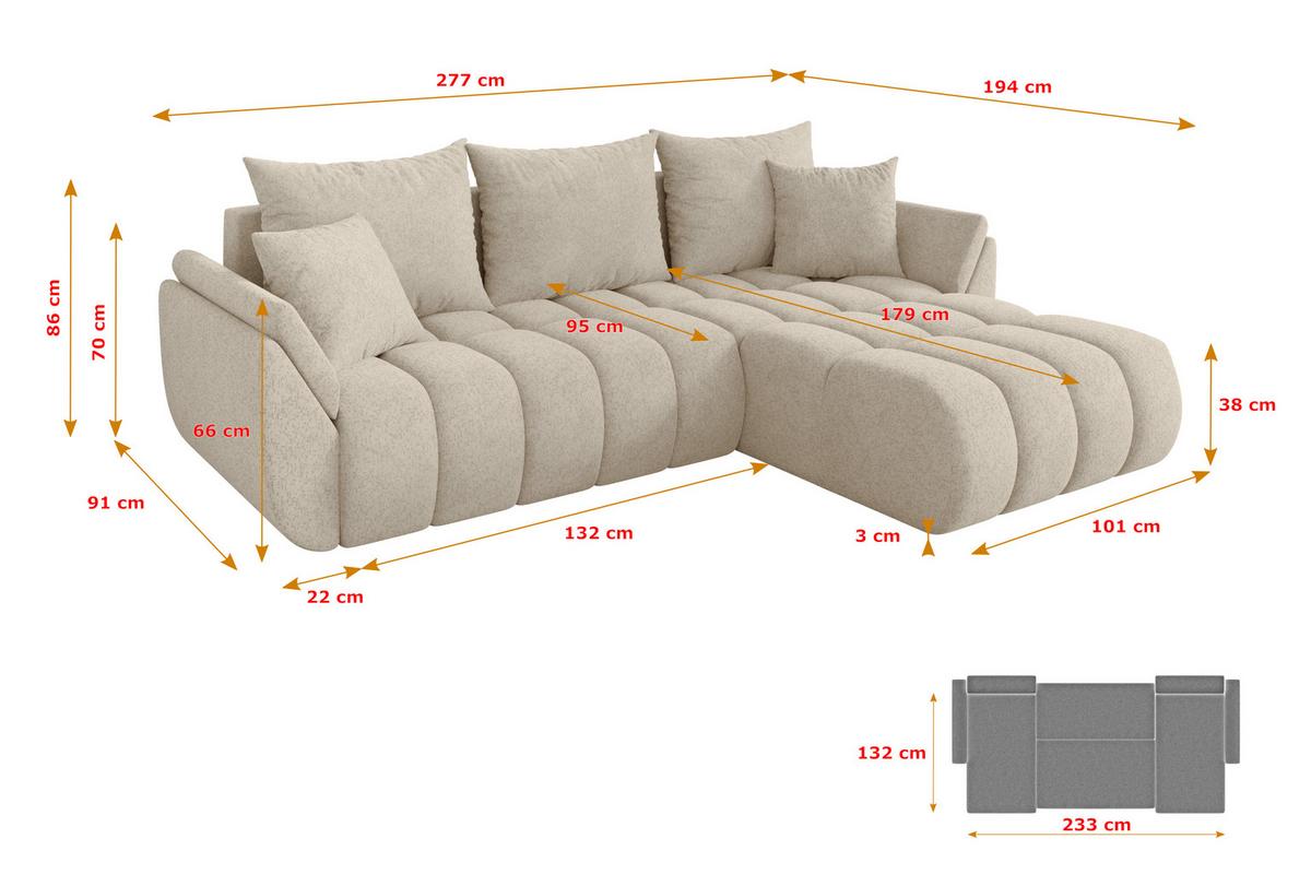 ECKSOFA mit Schlaffunktion Ottomane Rechts TOKO-L-v1 277x194x86 Creme Velours - Creme/Schwarz, Holzwerkstoff/Kunststoff (277/194cm) - ALTDECOR