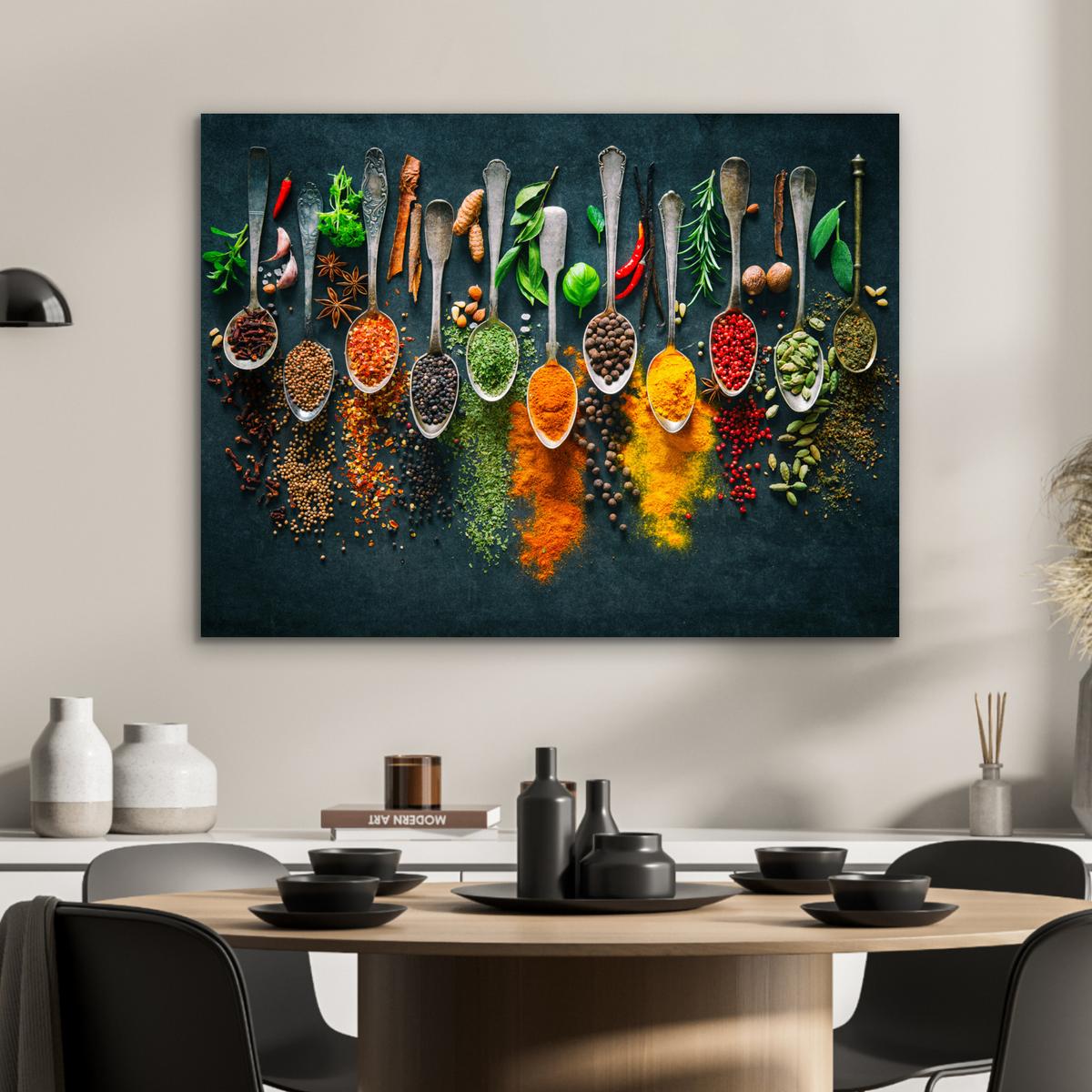 METALLBILD Kräuter - Gewürze - Löffel 80x60 cm - Currygelb, Metall (80/60cm) - MuchoWow