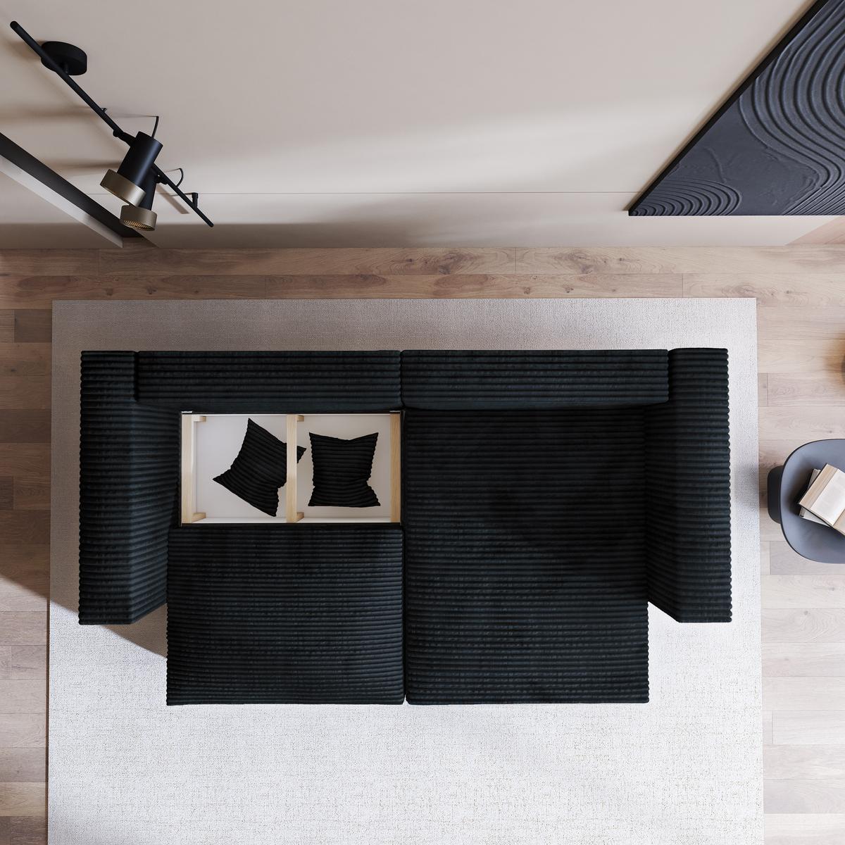 ECKSOFA NERIO Schwarz Kordstoff mit Schlaffunktion - Schwarz, Holz (245/148cm) - MASSENO