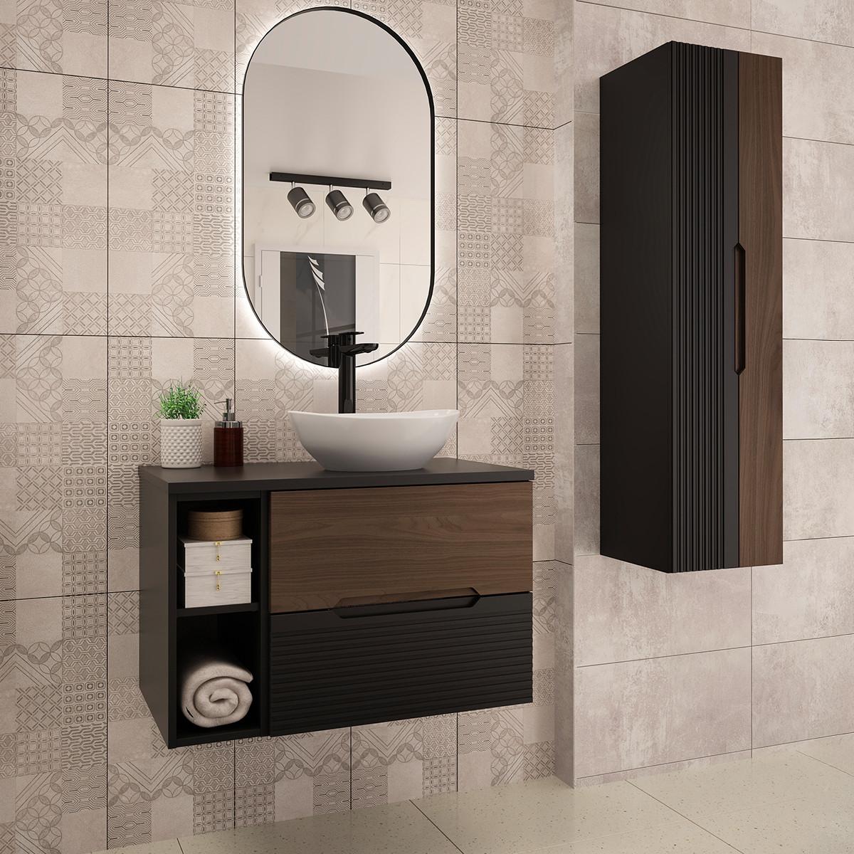 BADMÖBEL 80.6cm Sylla 2er-Set Schwarz und Holz - Schwarz, Holzwerkstoff (80.6/52.2/45.8cm) - Petits-meubles