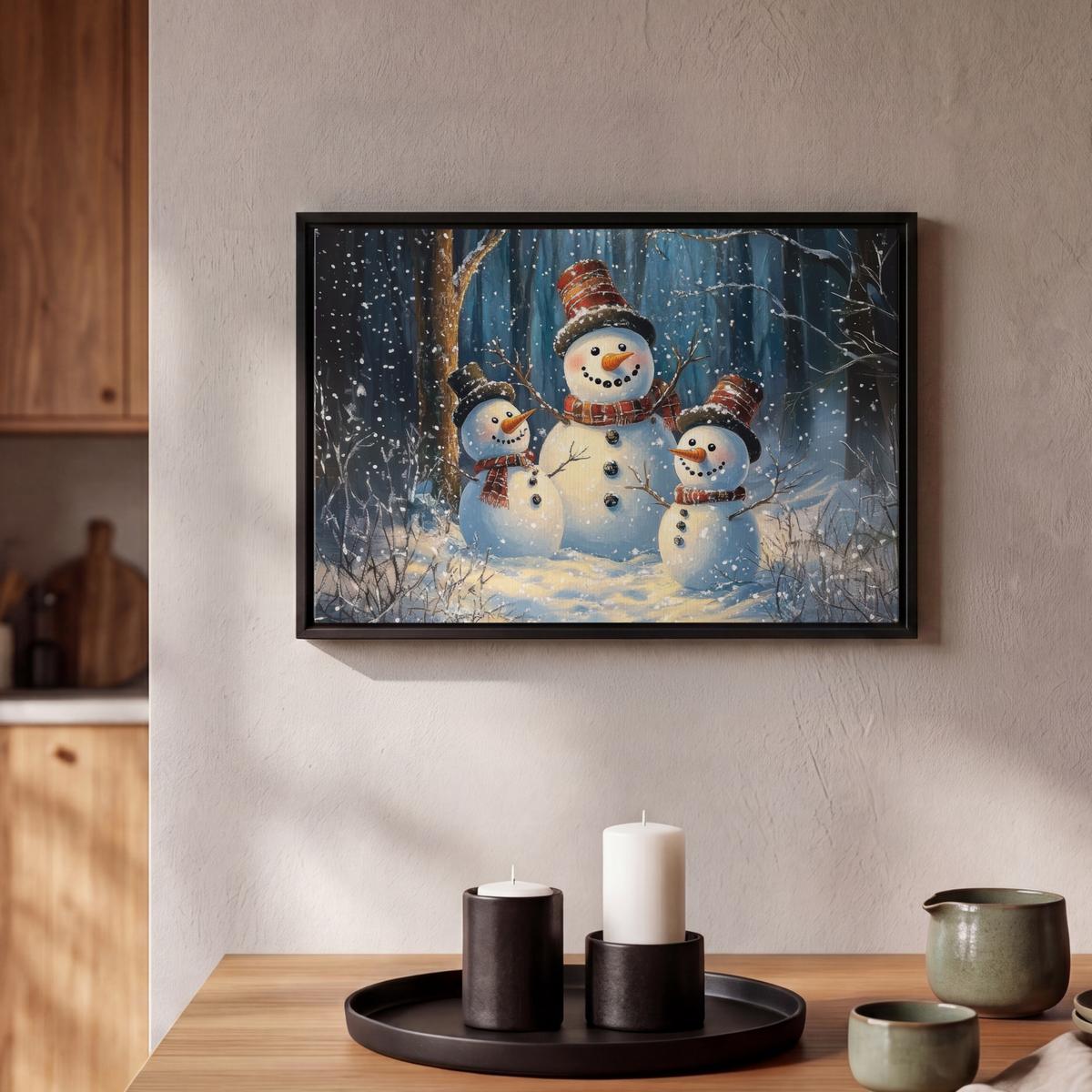 LEINWAND Bilder mit Rahmen - Schneemann - Schnee - Winter - Wald - 30x20 - Hellblau, Textil (30/20cm) - MuchoWow