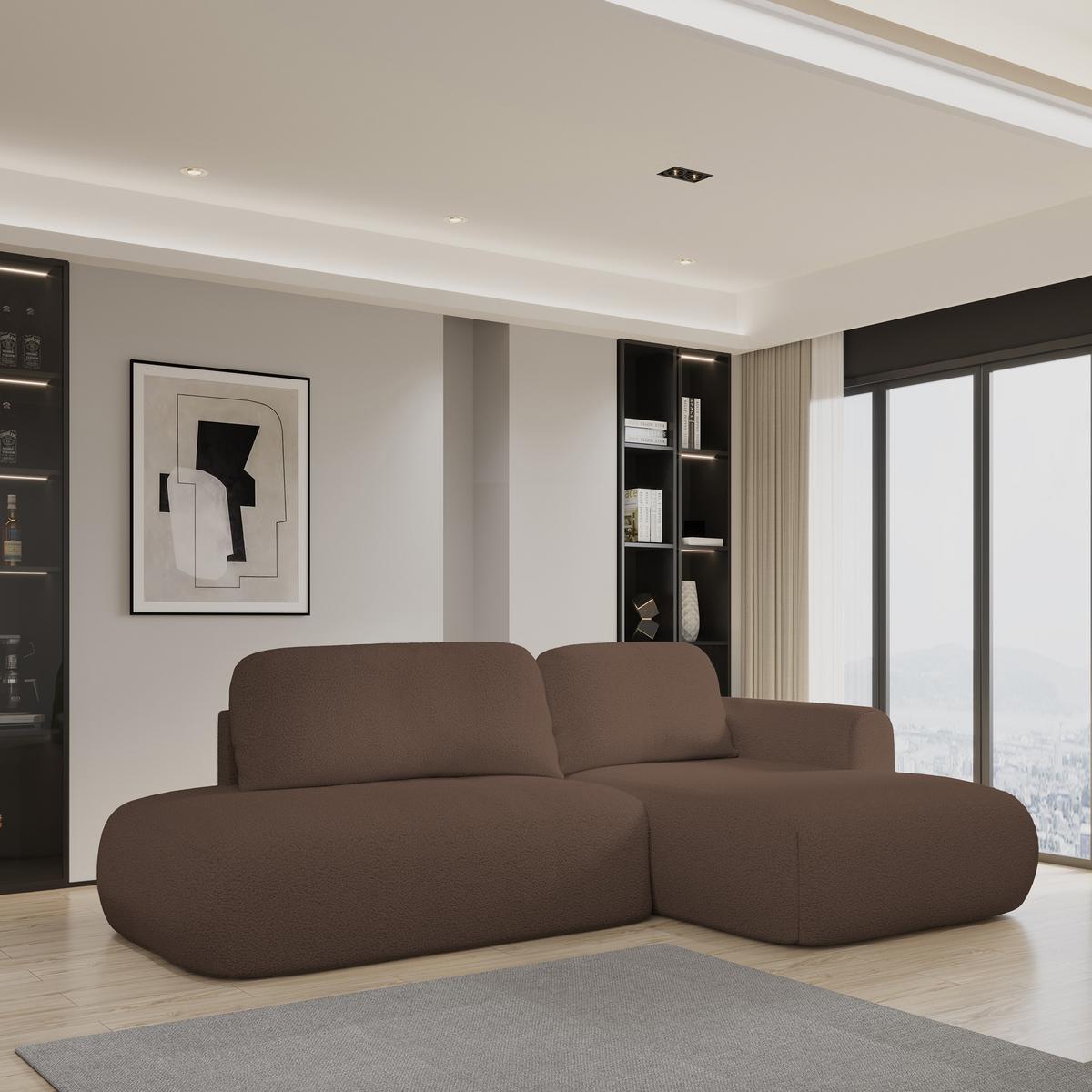 ECKSOFA NUVIRA R-S Braun Boucle-Stoff mit Schlaffunktion - Braun, Holz (279/158cm) - MASSENO