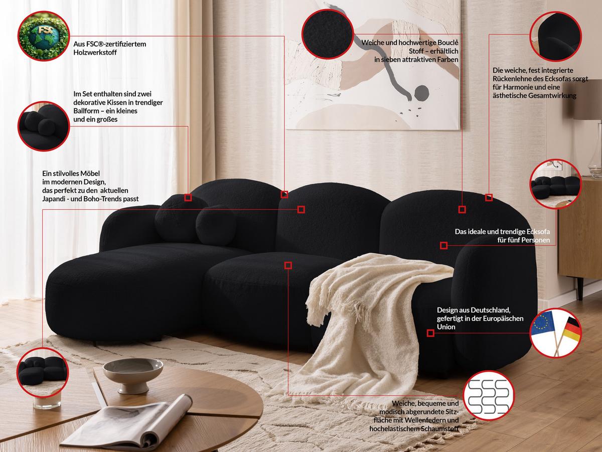 ECKSOFA Nuvola mit abgerundetem Design Schwarz Bouclé-Stoff - Ottomane Links - Schwarz, Holz/Kunststoff (268/146cm) - S-Style