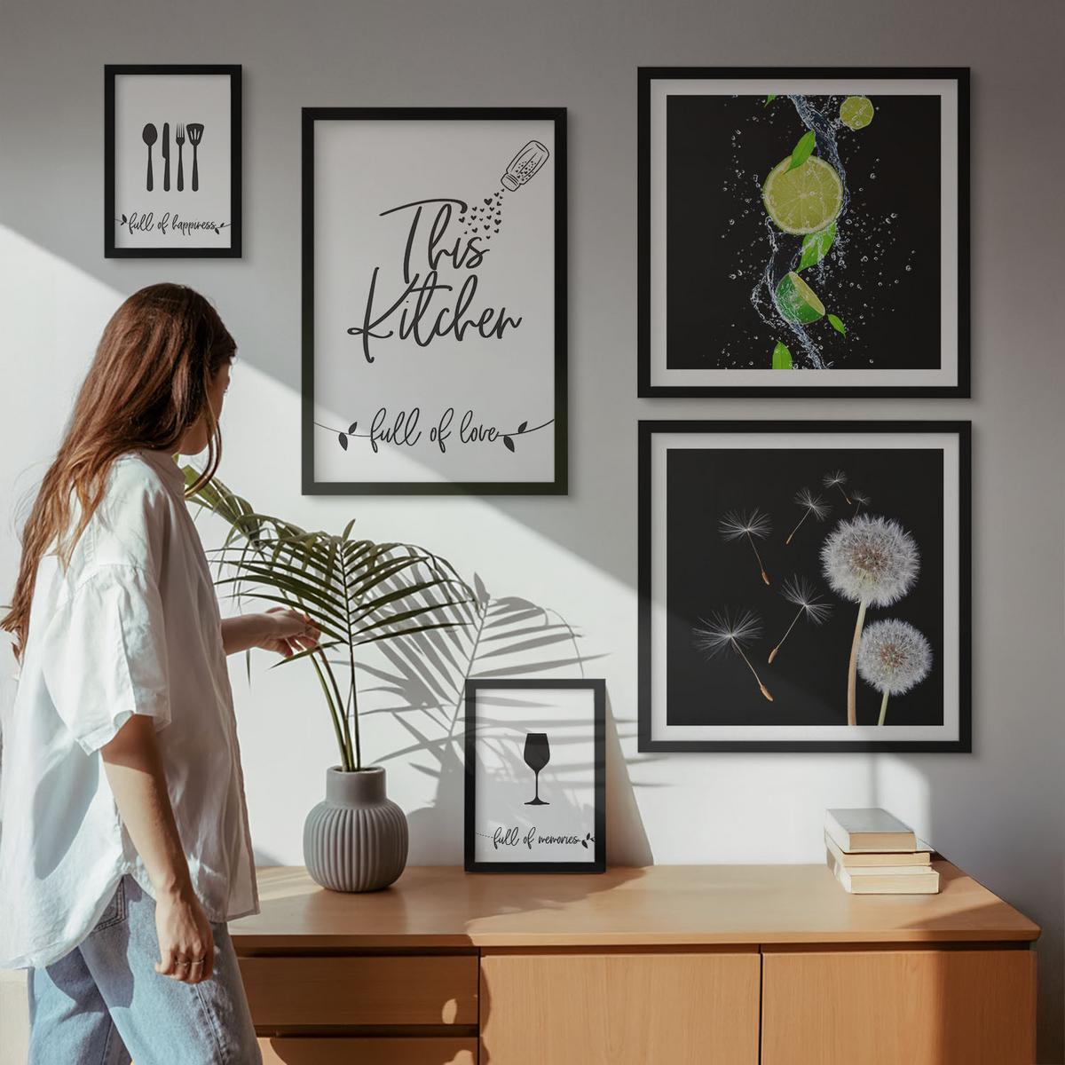 BILDER SET 5er Set - 50x50 cm & 20x30 cm & 40x60 cm Schwarzer Rahmen - Blumenposter Paris London - Schwarz, Kunststoff (40/60cm) - TULUP