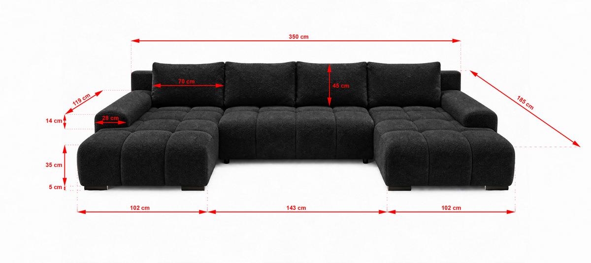 WOHNLANDSCHAFT OVIA U mit Bettkasten und Schlaffunktion, Bouclé-Stoff in U-Form - Schwarz, Textil (350/80/185cm)