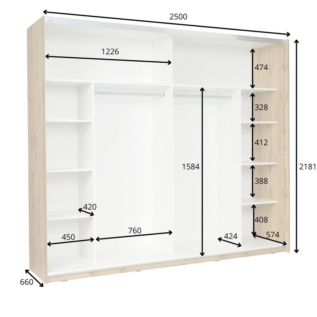 KLEIDERSCHRANK Eiche Wotan, Weiß Hochglanz 250/218,1/66 - Weiß Hochglanz/Eiche Wotan, Holzwerkstoff (250/218/66cm) - RAUMHIRSCH FURNITURE