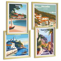 BILDER SET 4er Set - 50x50 cm & 40x60 cm Goldrahmen - Illustrationen von Küstenstädten - Goldfarben, Kunststoff (50/50cm) - TULUP