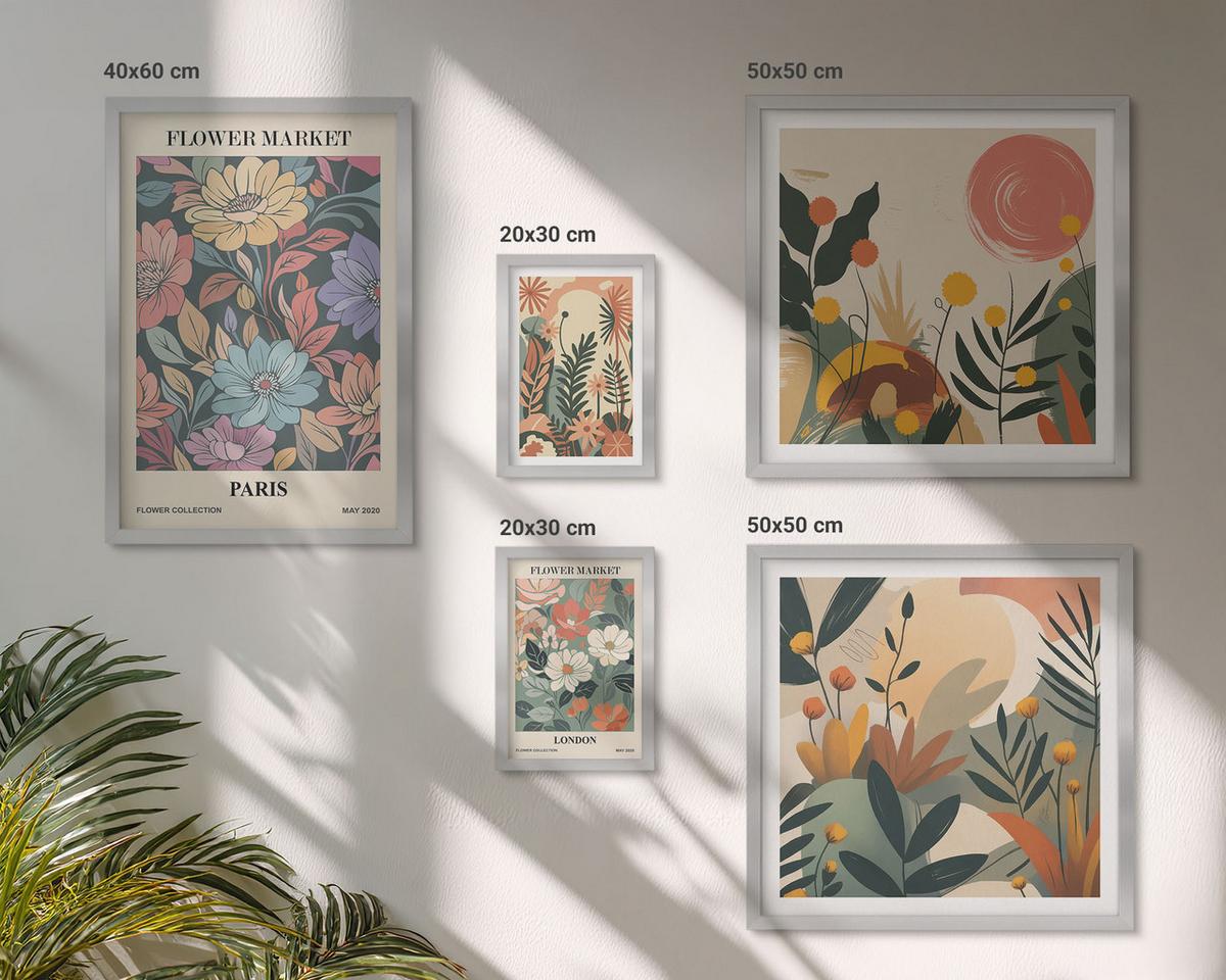 BILDER SET 5er Set - 50x50 cm & 20x30 cm & 40x60 cm Silberner Rahmen - Blumenposter Weinstadt - Silberfarben, Kunststoff (40/60cm) - TULUP