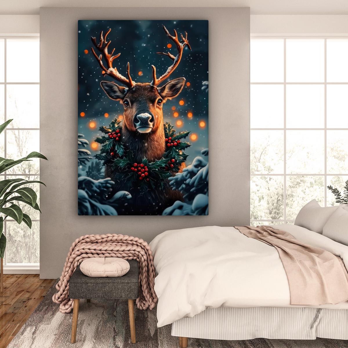 LEINWANDBILD Hirsch - Weihnachten - Winter - Schnee - Weihnachtskranz Deko Groß 90x140 cm - Dunkelbraun, Textil (90/140cm) - MuchoWow