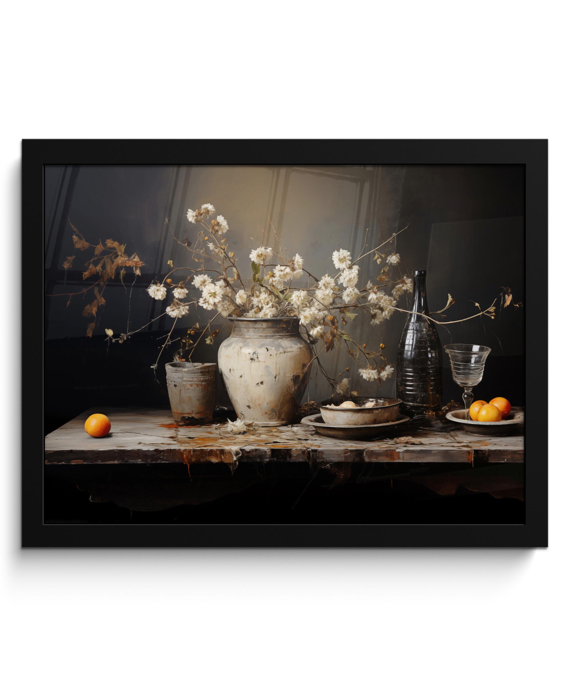 POSTER MIT RAHMEN Stilleben - Blumen - Blumenstrauß - Vase - Wein 40x30 cm - Schwarz, Papier (40/30cm) - MuchoWow