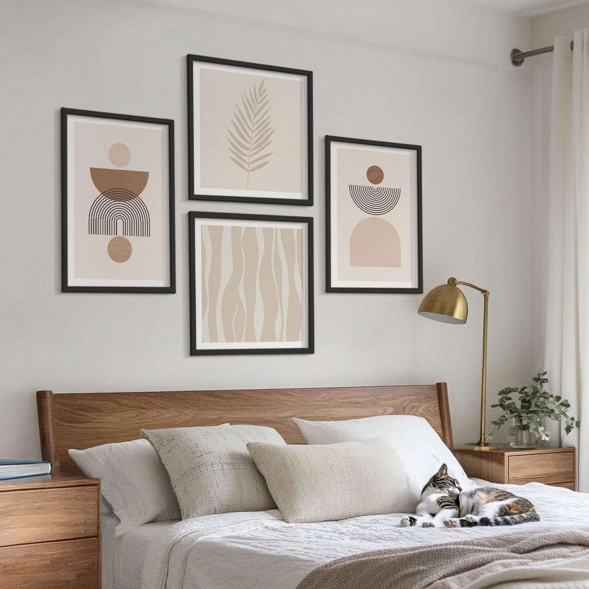 BILDER SET 4er Set - 50x50 cm & 40x60 cm Schwarzer Rahmen - Abstrakte Formen braun beige - Schwarz, Kunststoff (50/50cm) - TULUP
