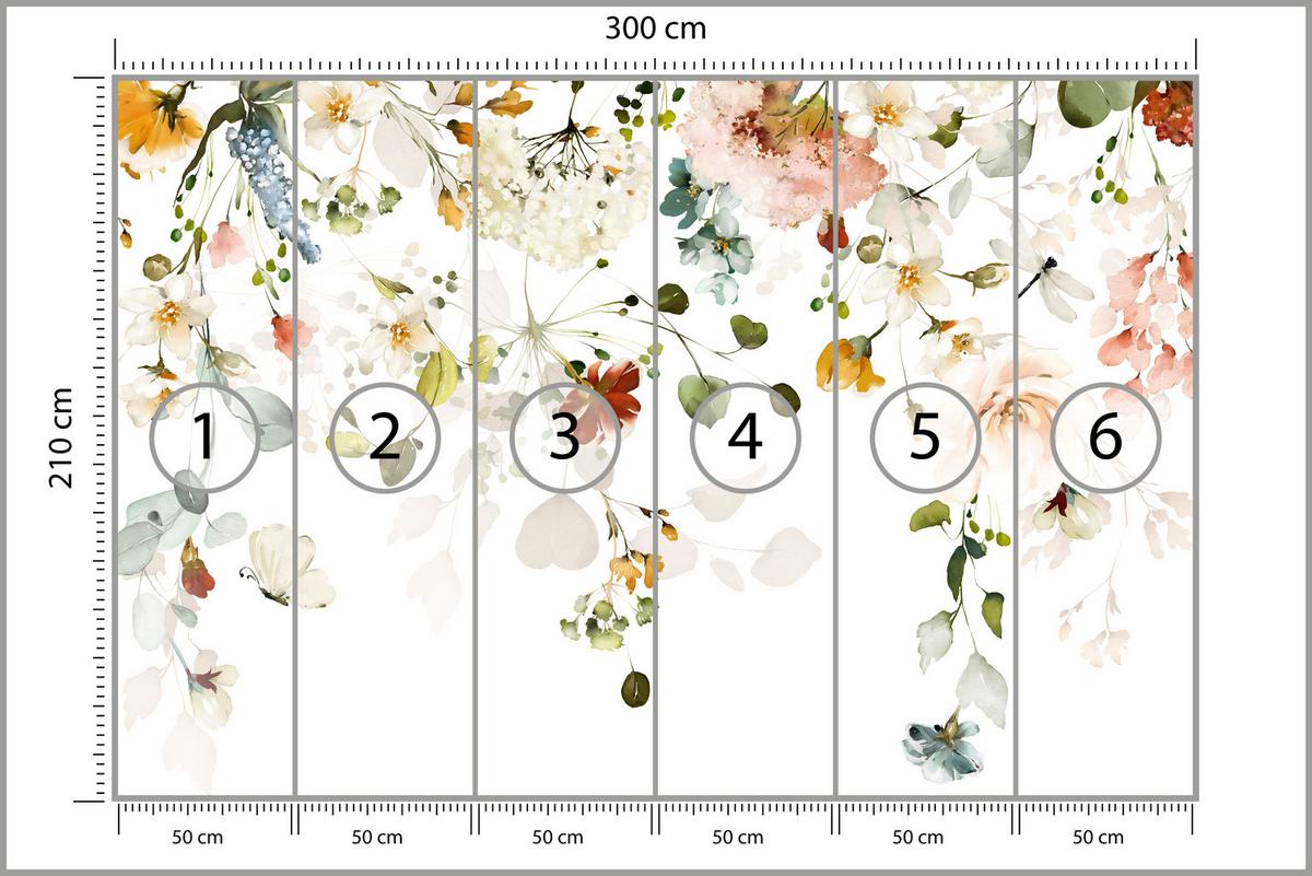 FOTOTAPETE für Schlafzimmer Bunte Zarte Blumen Blätter Pastell 300x210 - Ecru/Beige, Papier (300/210cm) - Muralo