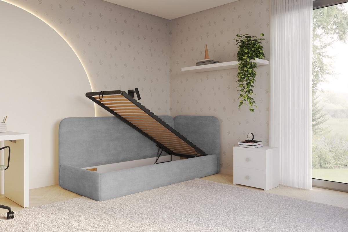 EINZELLBETT Jugendbett mit Bettkasten und Matratze H3/H4, Links - ELSY 80x200 Grau - Hellgrau, Holzwerkstoff/Textil (80/200cm) - ALTDECOR