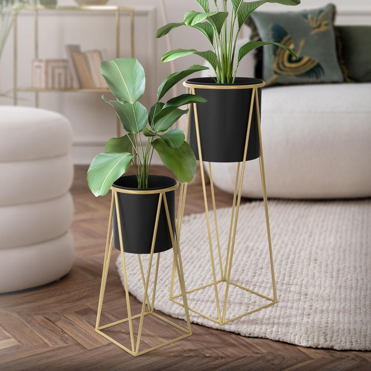 BLUMENSTÄNDER 2er Set Schwarz-Gold 21,8x22x47cm/25x25x71cm aus Stahl - Goldfarben/Schwarz, Metall (25/25/71cm) - ML-DESIGN