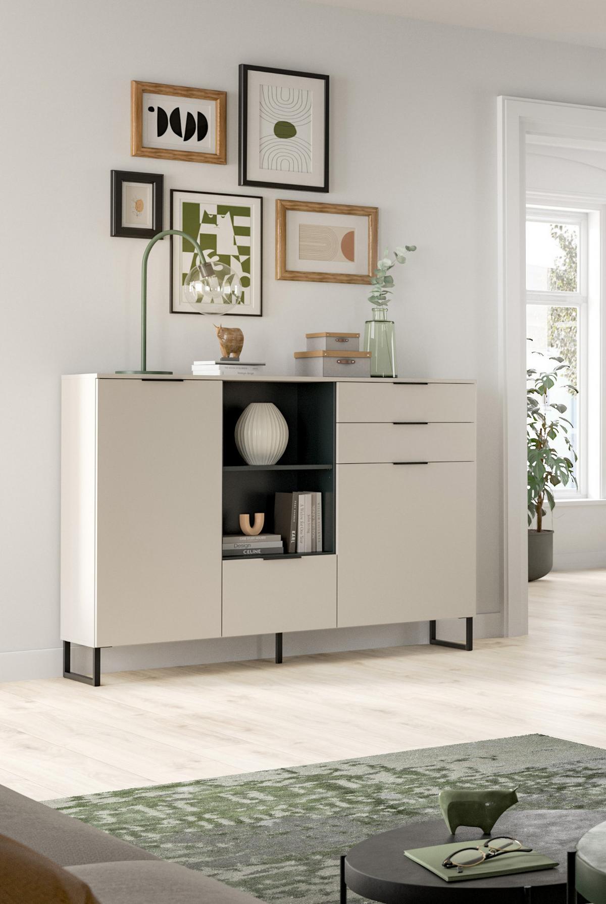 HIGHBOARD Kaschmir, Schwarz 150 x 112 cm, Kommode mit Soft-Close - Kaschmir/Schwarz, Holzwerkstoff/Kunststoff (150/150/37cm) - Inn.Furn