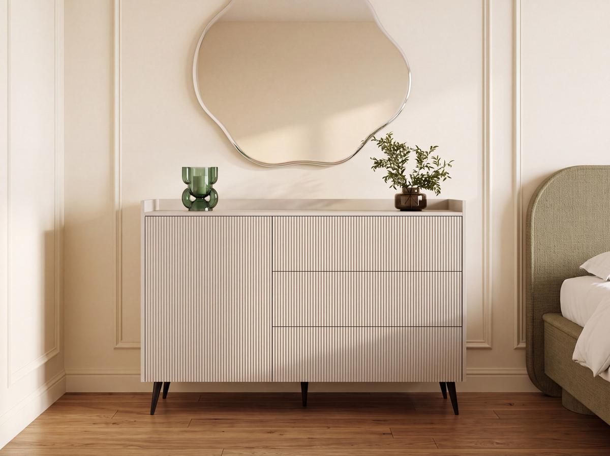 KOMMODE Arysa – Geriffelt, 3 Schubladen, Hohe Metallfüße – Kaschmir 126/92/41 cm - Kaschmir/Beige, Holzwerkstoff/Metall (126/92/41cm) - WFL GROUP