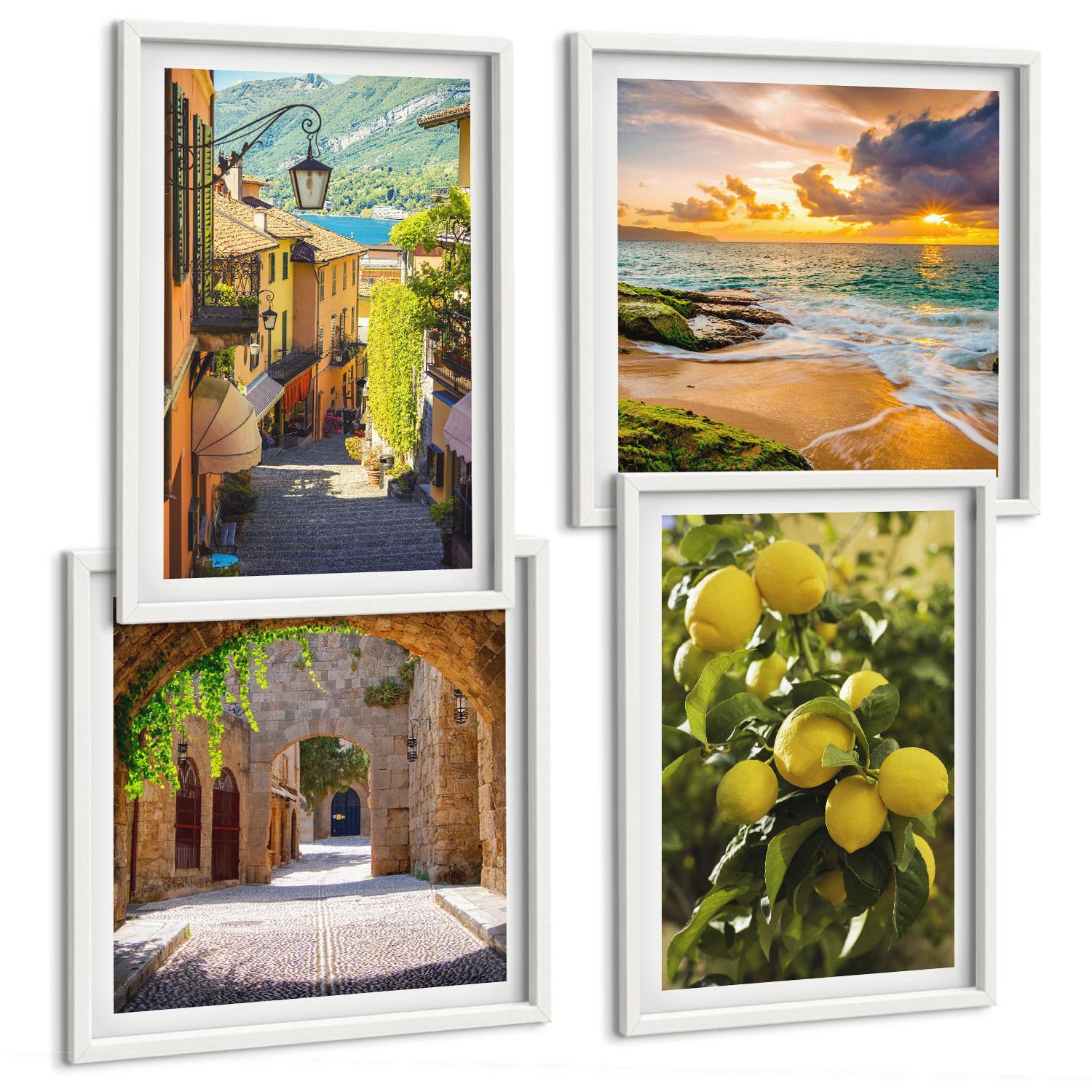 BILDER SET 4er Set - 50x50 cm & 40x60 cm Weißer Rahmen - Malerische Straßen am Meer, Strand - Weiß, Kunststoff (50/50cm) - TULUP