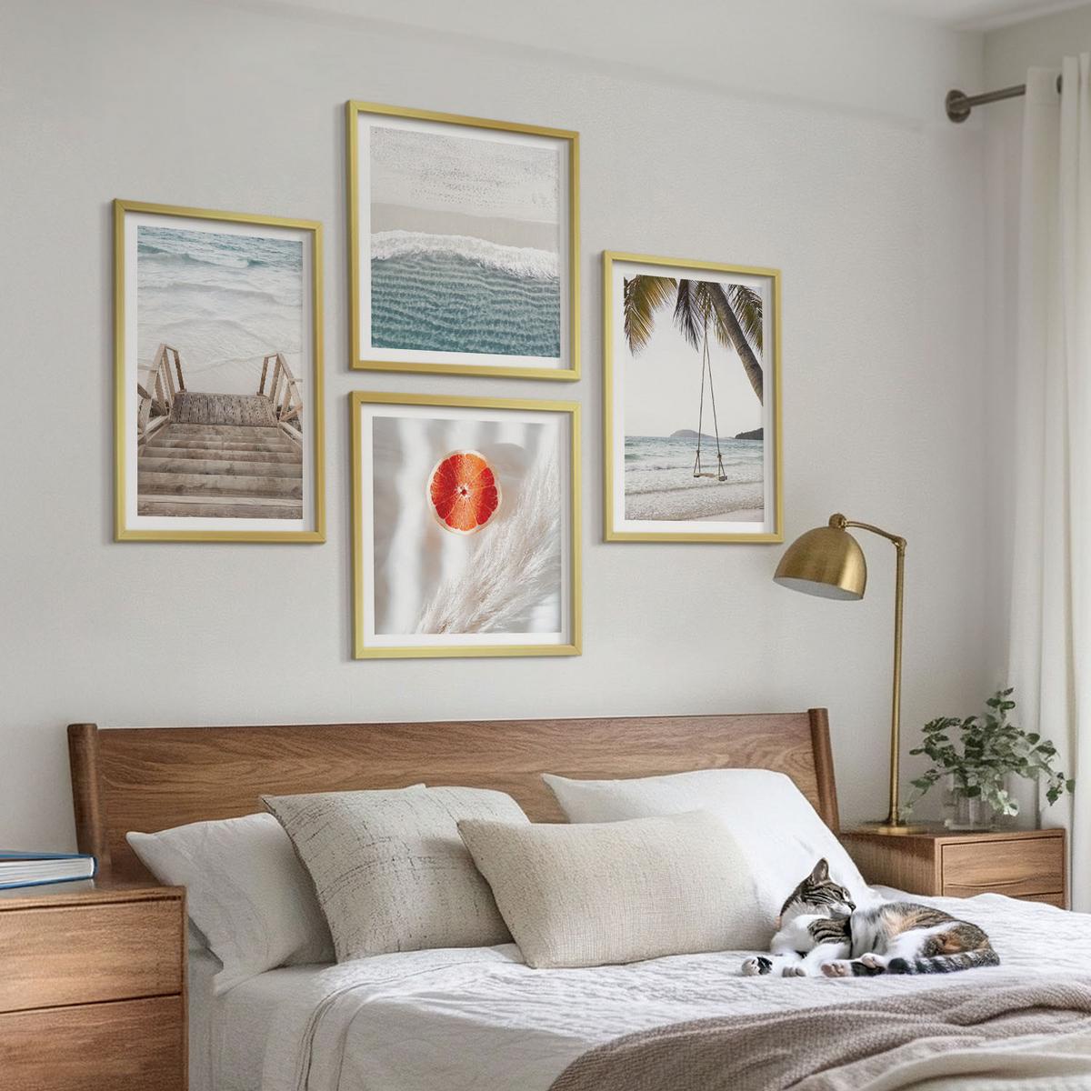 BILDER SET 4er Set - 50x50 cm & 40x60 cm Goldrahmen - Strandatmosphäre dank hölzerner Treppen. - Goldfarben, Kunststoff (50/50cm) - TULUP
