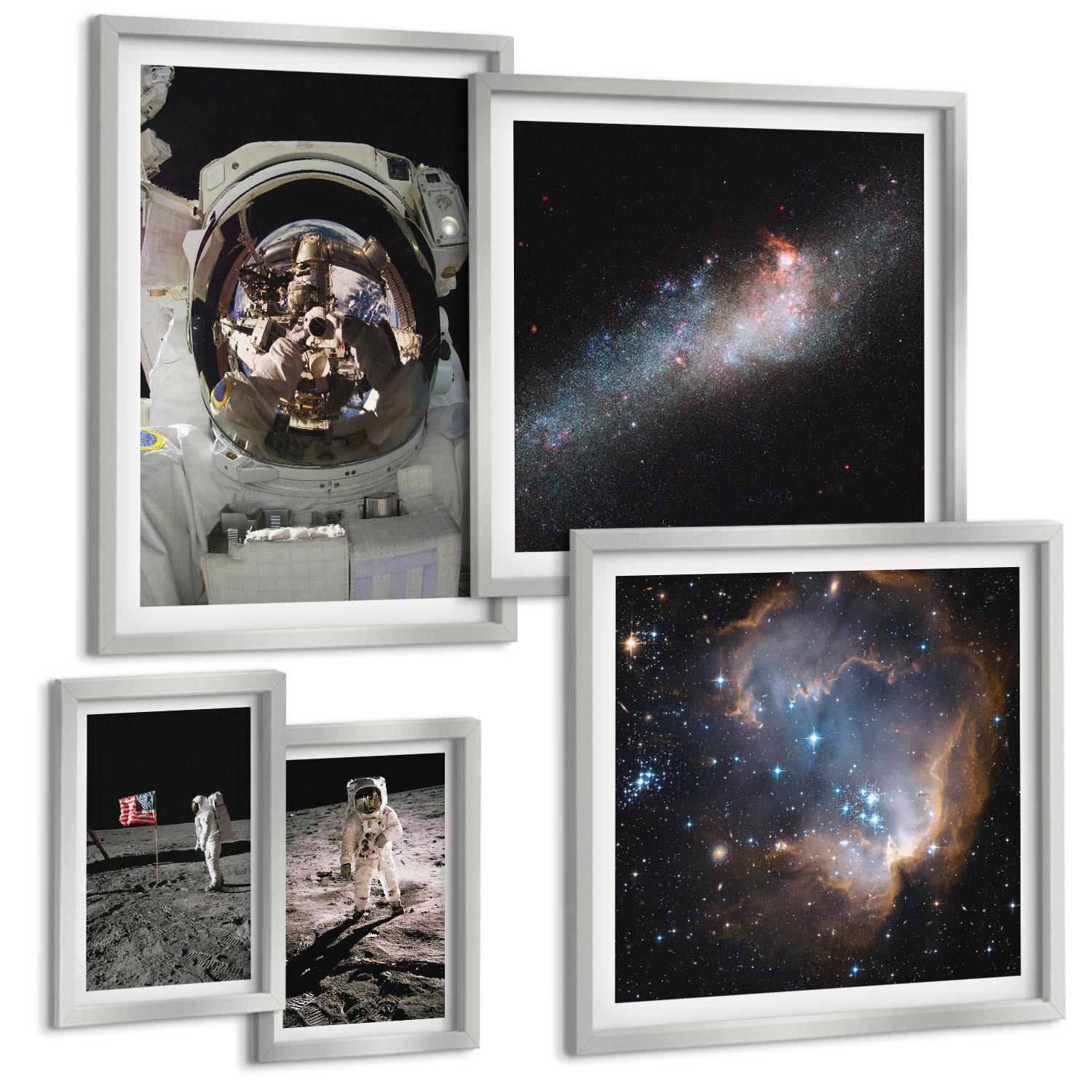 BILDER SET 5er Set - 50x50 cm & 20x30 cm & 40x60 cm Silberner Rahmen - Astronauten landen auf dem Mond - Silberfarben, Kunststoff (40/60cm) - TULUP