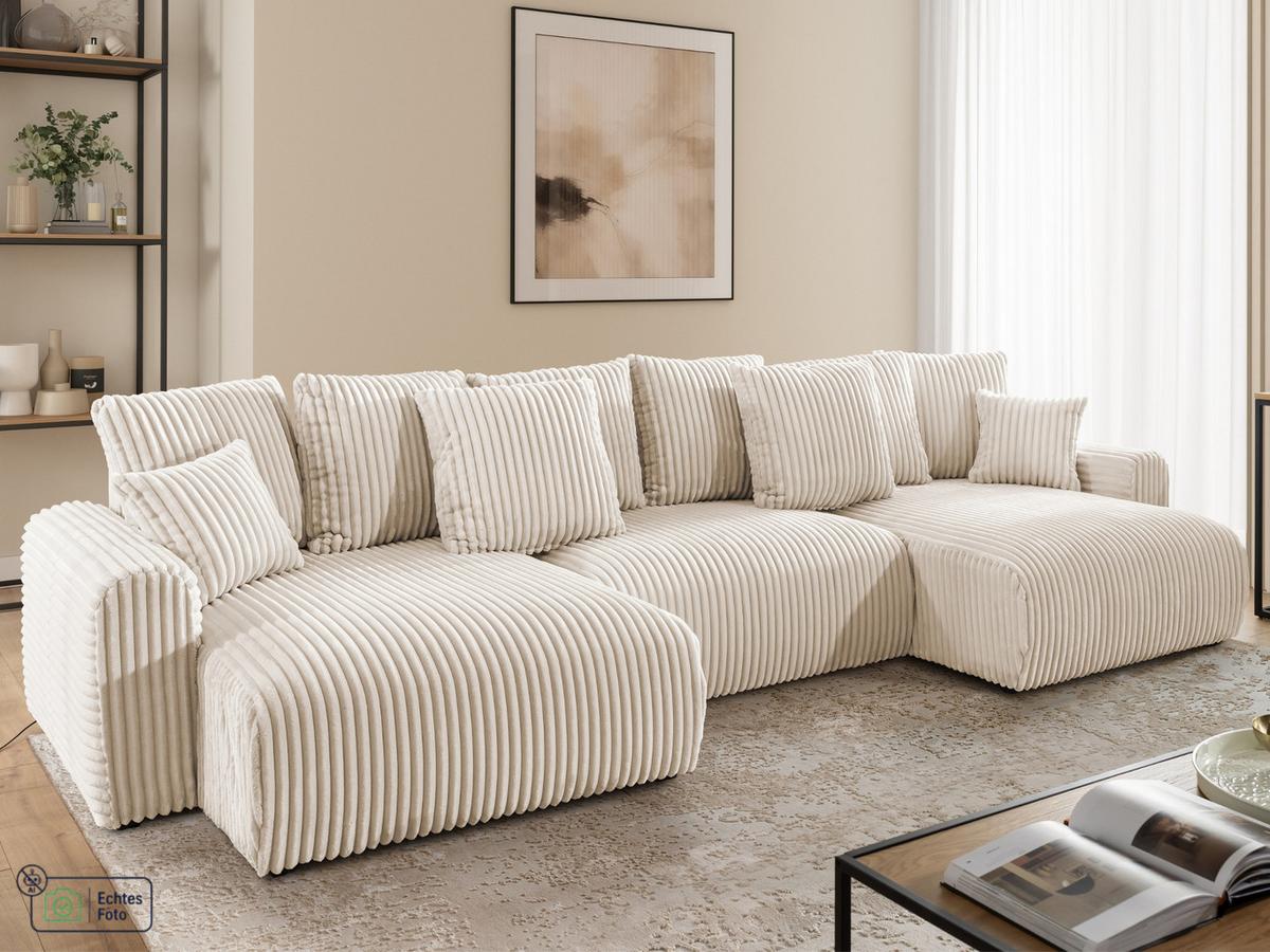WOHNLANDSCHAFT Calma mit Schlaffunktion und Bettkasten im Bumpy-Design aus weichem Creme Plüschcord - Beige/Creme, Holz/Textil (336/88/140cm) - S-Style