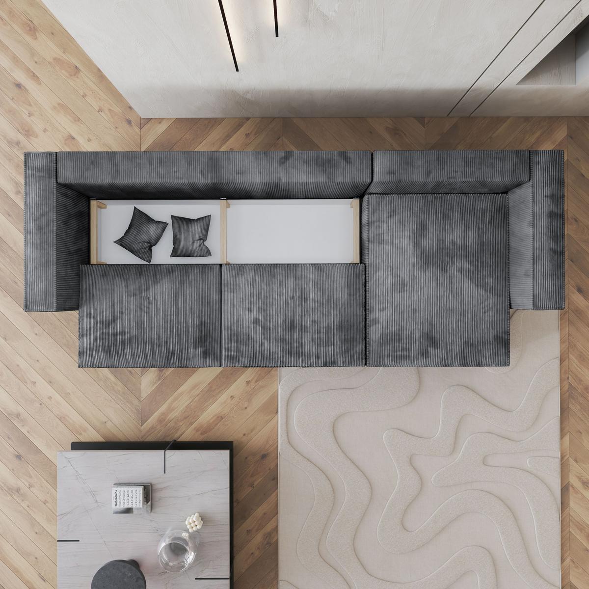 ECKSOFA TOLMO P Grau Kordstoff mit Schlaffunktion - Grau, Holz/Kunststoff (347/148cm) - MASSENO