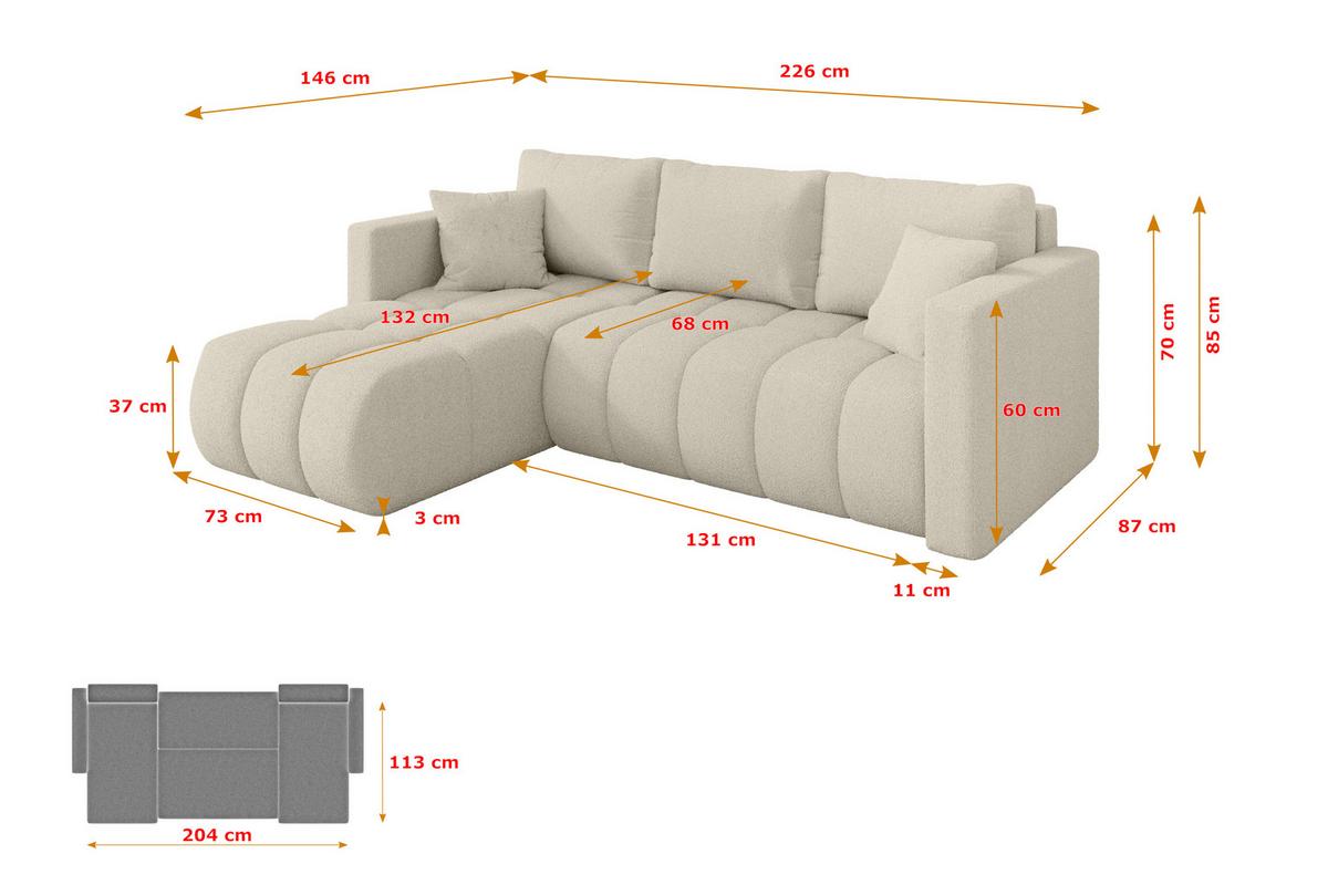 ECKSOFA mit Schlaffunktion Ottomane Links GARD-L 226x146x85 Beige Bouclé - Sandfarben/Beige, Holzwerkstoff/Kunststoff (226/146cm) - ALTDECOR