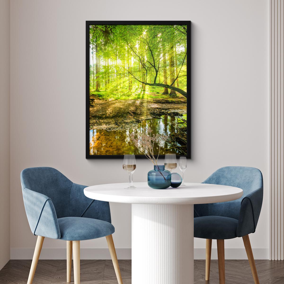 POSTER MIT RAHMENGERAHMTES BILD Wald - Landschaft - Wasser - Bäume - Sonne - Grün - Natur Posterleiste 60x80 cm - Grün, Papier (60/80cm) - MuchoWow