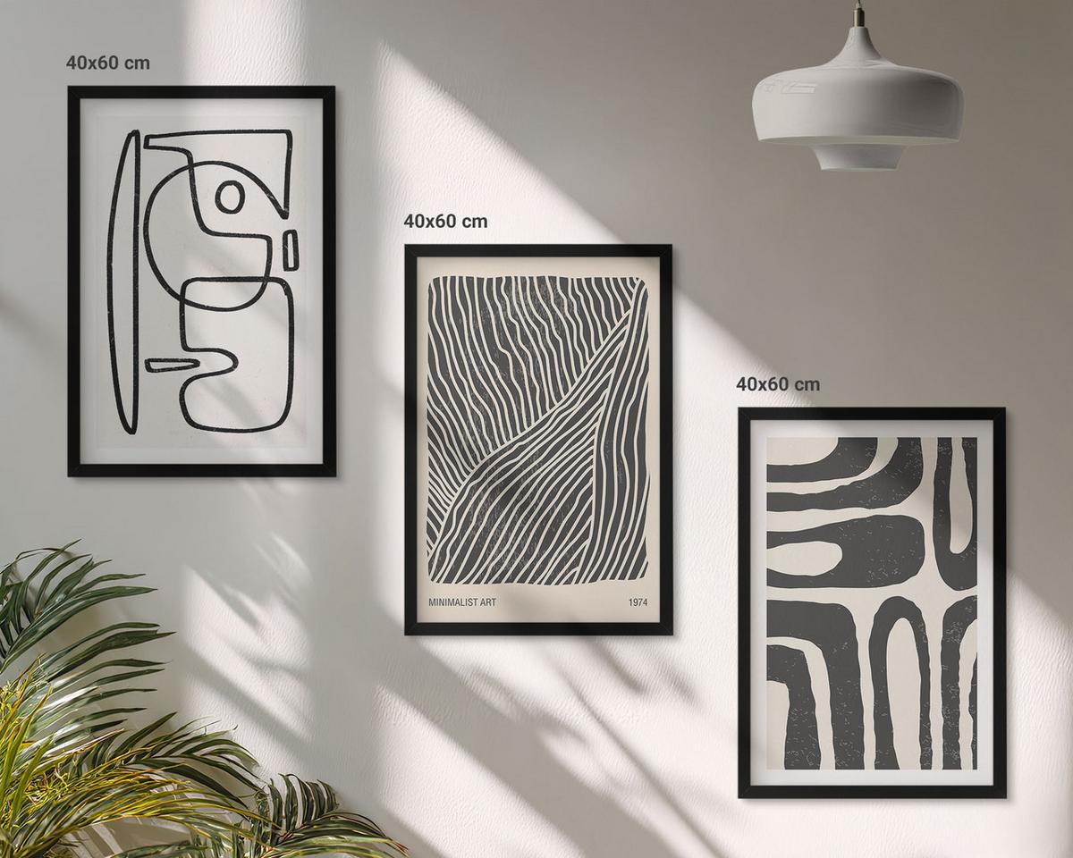 BILDER SET 3er Set - 40x60 cm Schwarzer Rahmen - Abstrakte Muster, Linien, Texturen - Schwarz, Kunststoff (40/60cm) - TULUP