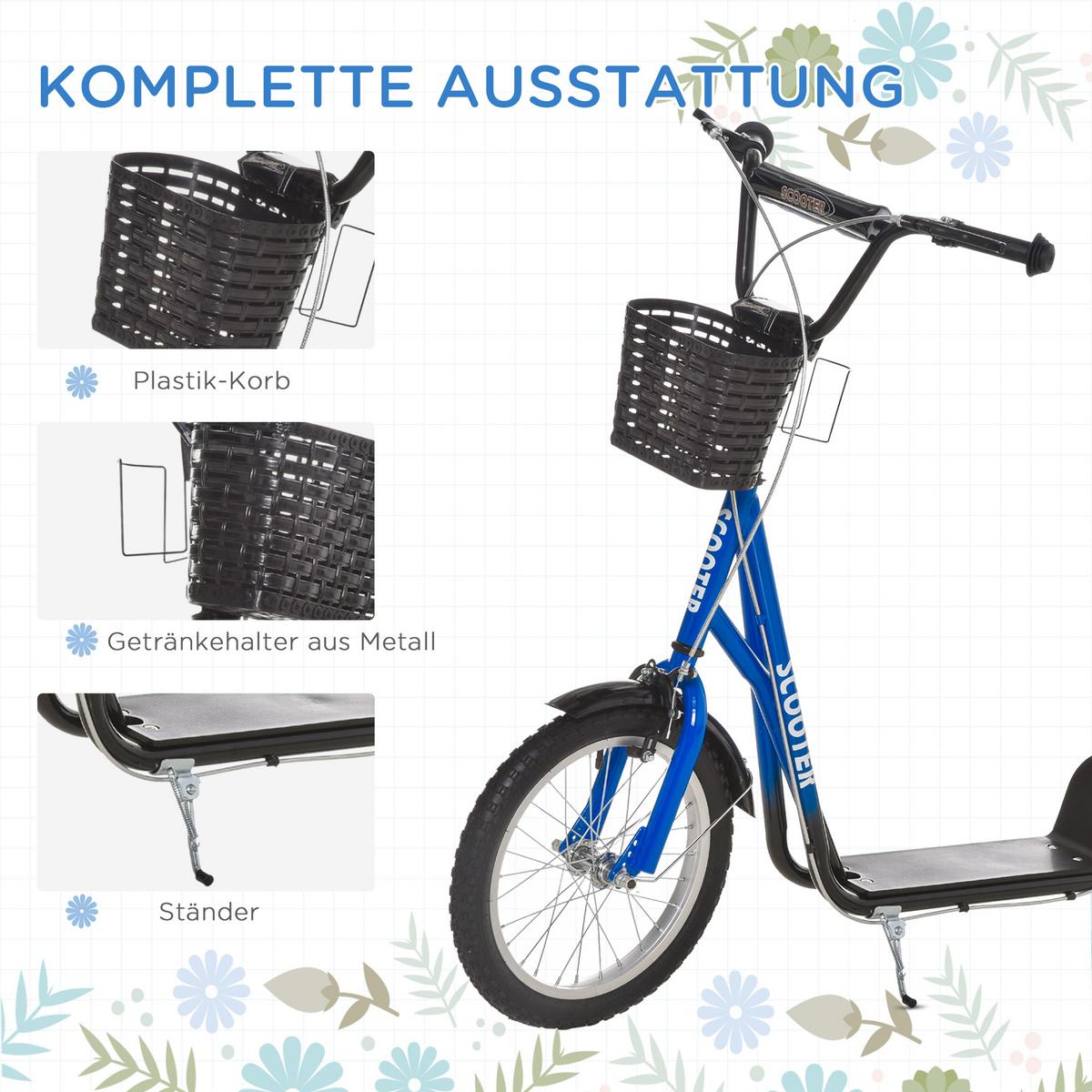 KINDERROLLER Scooter Tretroller mit Bremse Korb höhenverstellbar Gummi Blau - Blau, Metall (139/58/96cm) - HOMCOM