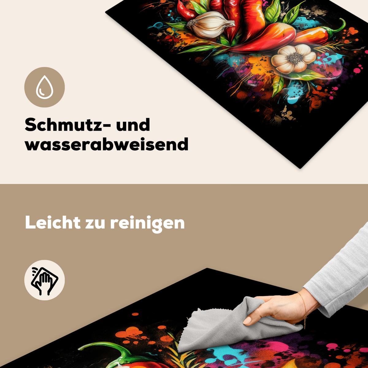 HERDABDECKPLATTE Gemüse - Paprika - Knoblauch - Graffiti - Farbe - Bunt Induktionsmatte 83x51 cm - Rot, Kunststoff (83/51.5/0.2cm) - MuchoWow