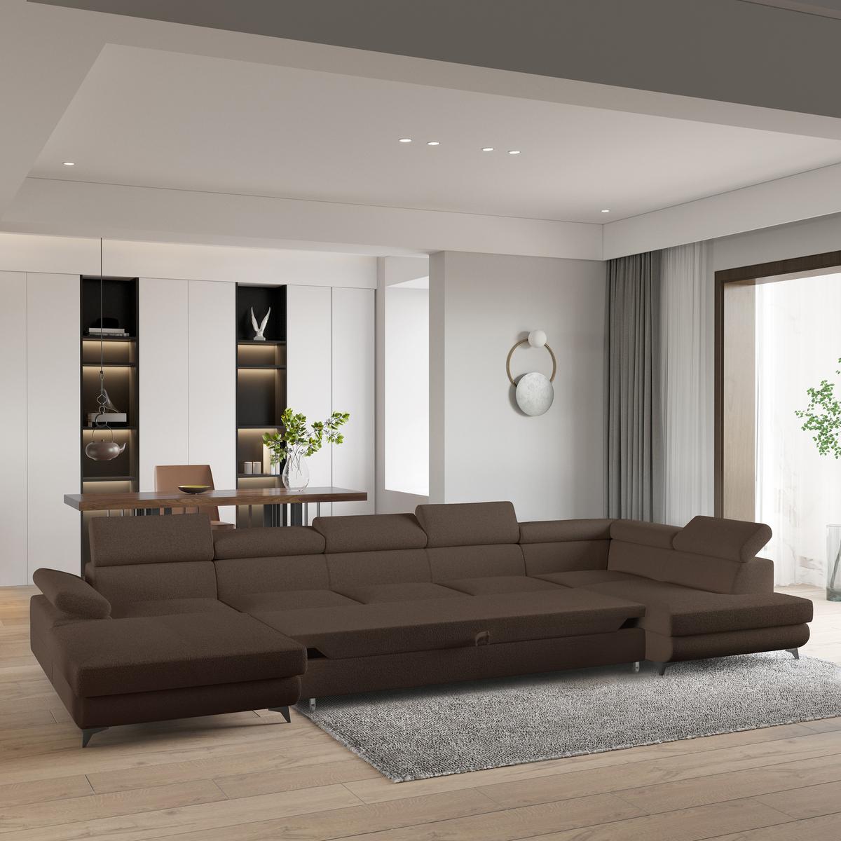 WOHNLANDSCHAFT MONTIVA Braun Boucle-Stoff mit Schlaffunktion - Braun, Holz (410/89/190cm) - MASSENO