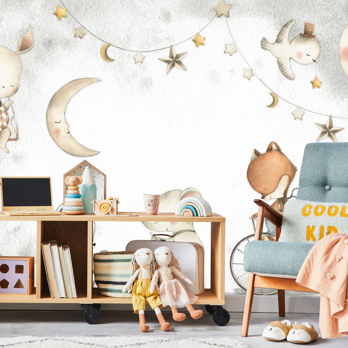 FOTOTAPETE für Kinderzimmer Zirkus Tiere Elefant Fuchs Monde Sterne 100x70 - Gelb/Beige, Papier (100/70cm) - Muralo