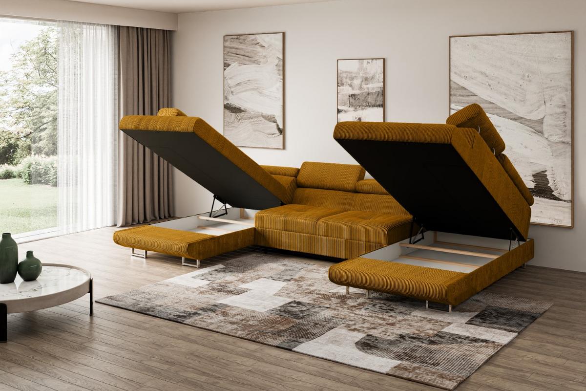 WOHNLANDSCHAFT mit Schlaffunktion und Bettkasten GUSA-U 342x202x107 cm Senfgelb Cord - Gelb/Silberfarben, Holzwerkstoff/Textil (342/107/202cm) - ALTDECOR