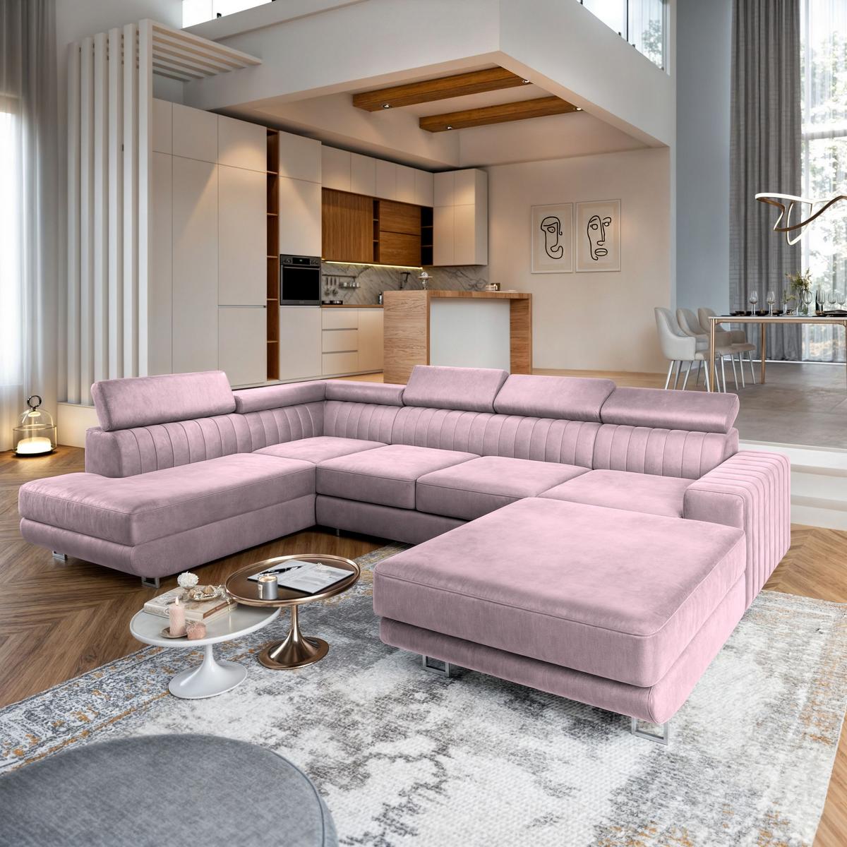WOHNLANDSCHAFT SIENA L-S Lila Velours-Stoff mit Schlaffunktion - Lila/Silberfarben, Holz/Textil (335/89/190cm) - MASSENO