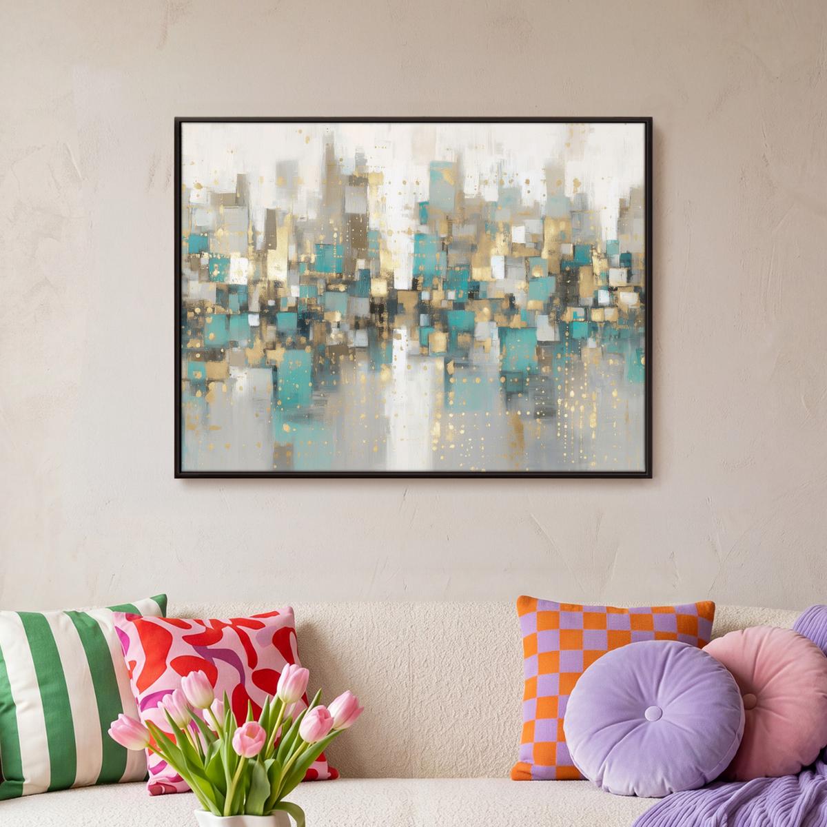 LEINWAND Bilder mit Rahmen - Abstrakt - Blöcke - Gold - Skyline - 70x50 - Beige, Textil (70/50cm) - MuchoWow