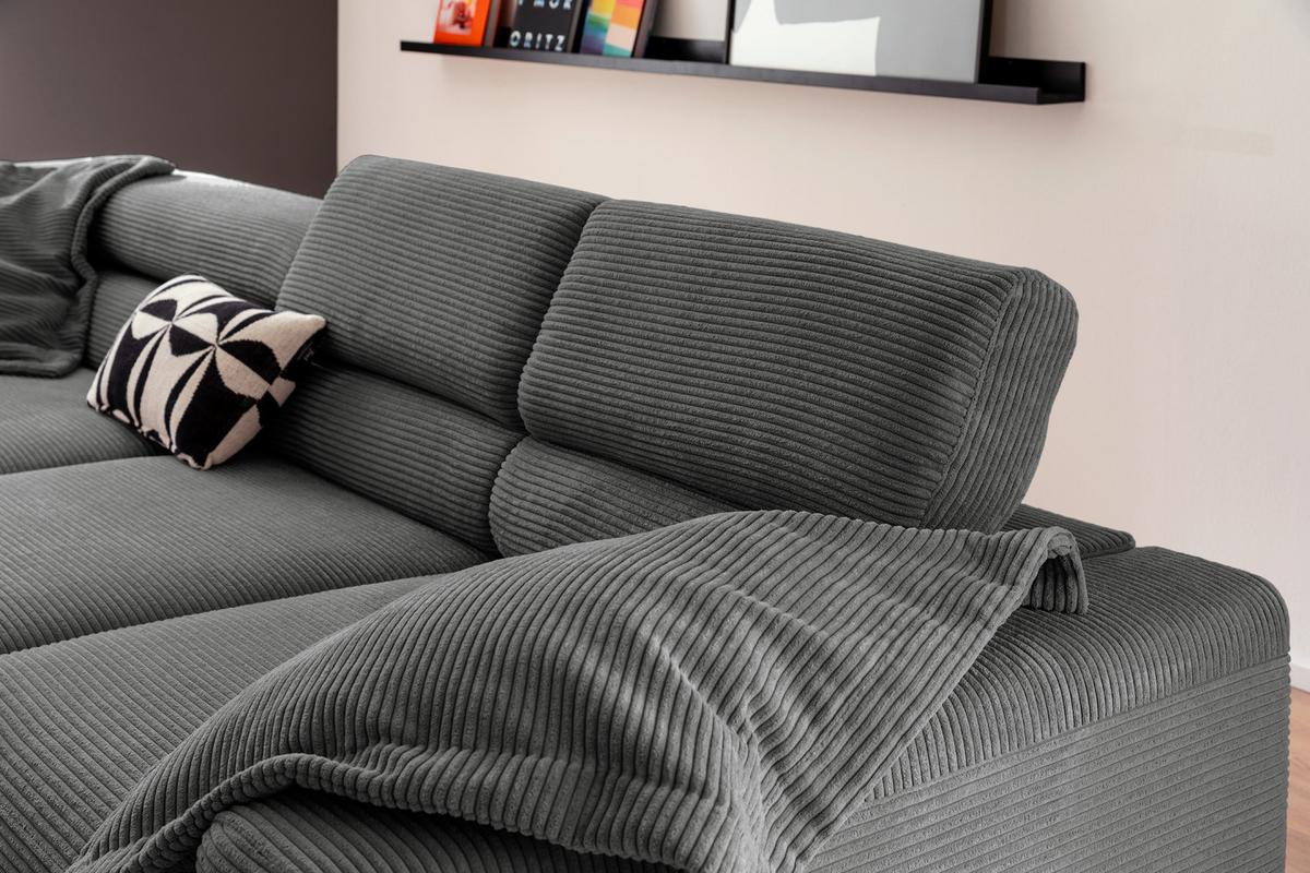 ECKSOFA DELIA Grau Cord Relaxfunktion - Schwarz/Grau, Textil/Metall (276/219cm) - KAWOLA