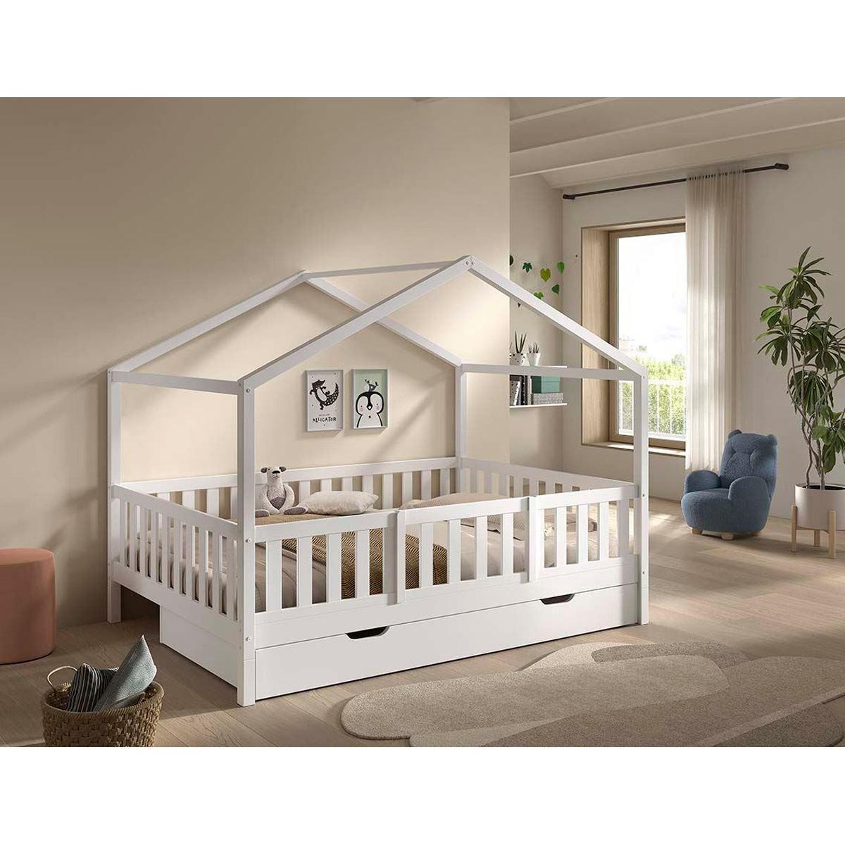 HAUSBETT Kapua 140x200 Bettschublade Rausfallschutz Kiefer massiv weiß - Weiß, Holz (140/200cm) - 58aufmkessel