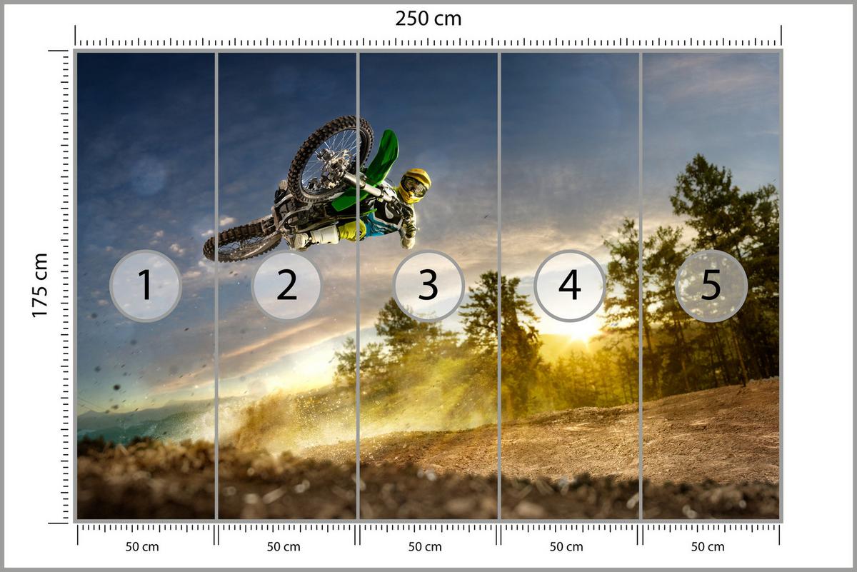 FOTOTAPETE für Jugendzimmer Motocross Sprung Berge Bäume 250x175 - Gelb/Beige, Papier (250/175cm) - Muralo