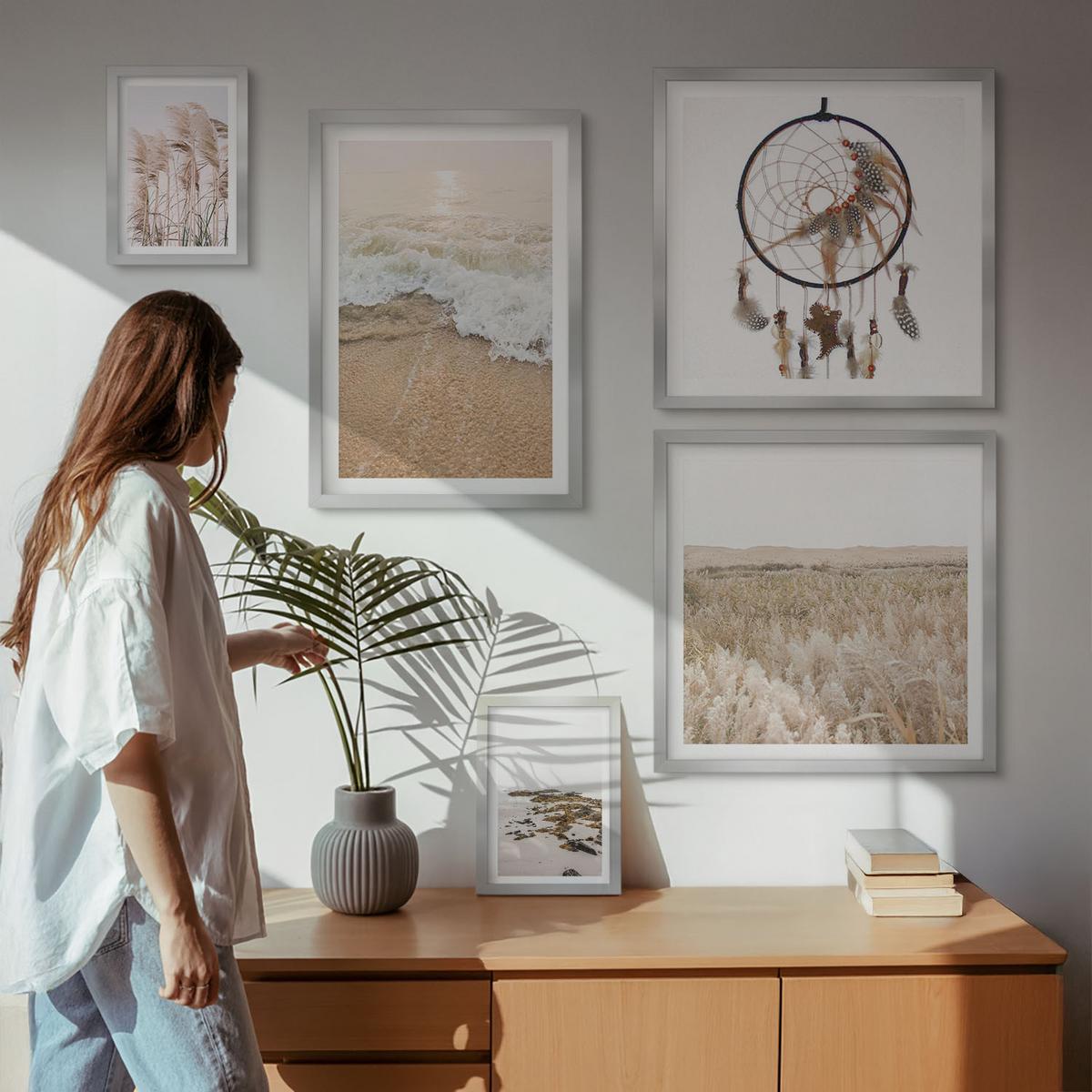 BILDER SET 5er Set - 50x50 cm & 20x30 cm & 40x60 cm Silberner Rahmen - Strandgras, Wellen, Steine, Boho-Stil - Silberfarben, Kunststoff (40/60cm) - TULUP