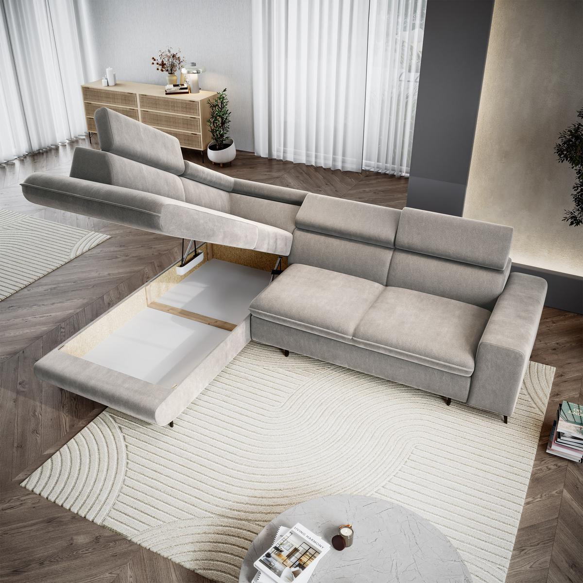 ECKSOFA VELISS Hellgrau Veloursstoff mit Schlaffunktion - Hellgrau, Holz (255/193cm) - MASSENO