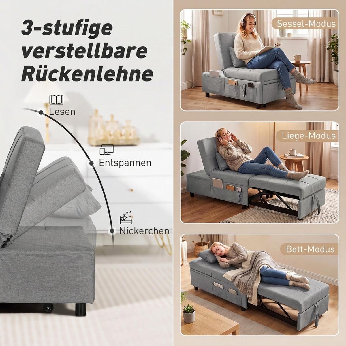 SCHLAFSESSEL Leinenoptik 100 Polyester Hellgrau - Hellgrau/Schwarz, Kunststoff/Textil (65.5/81/104cm) - HOMCOM