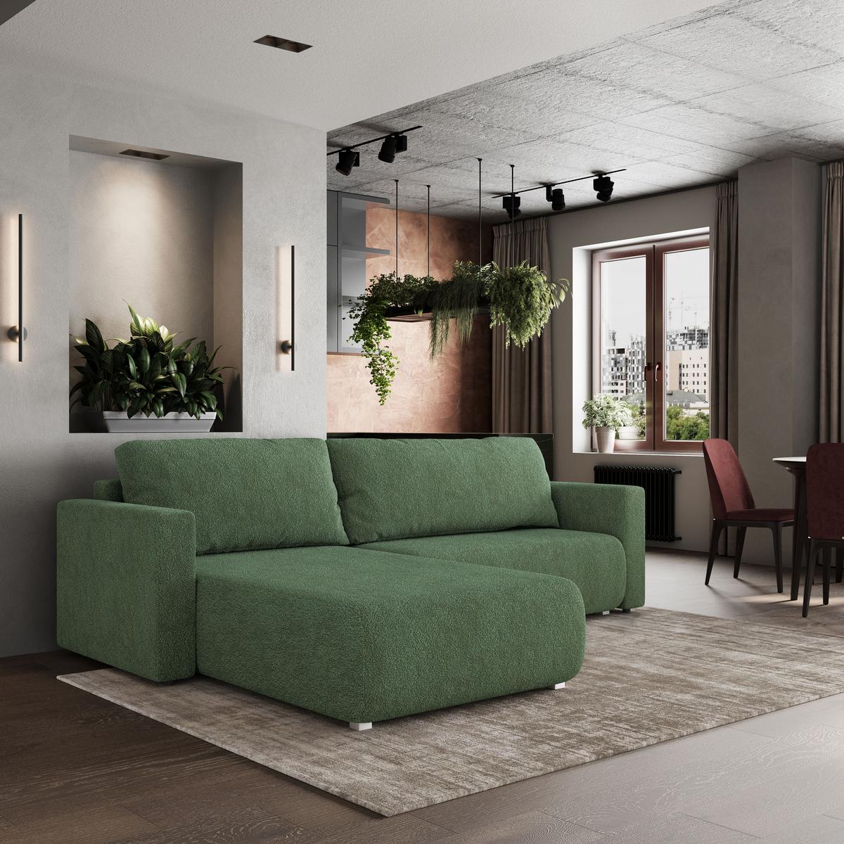 ECKSOFA TURIN N Grün Bucle-Stoff mit Schlaffunktion - Grau/Grün, Holz/Kunststoff (265/183cm) - MASSENO