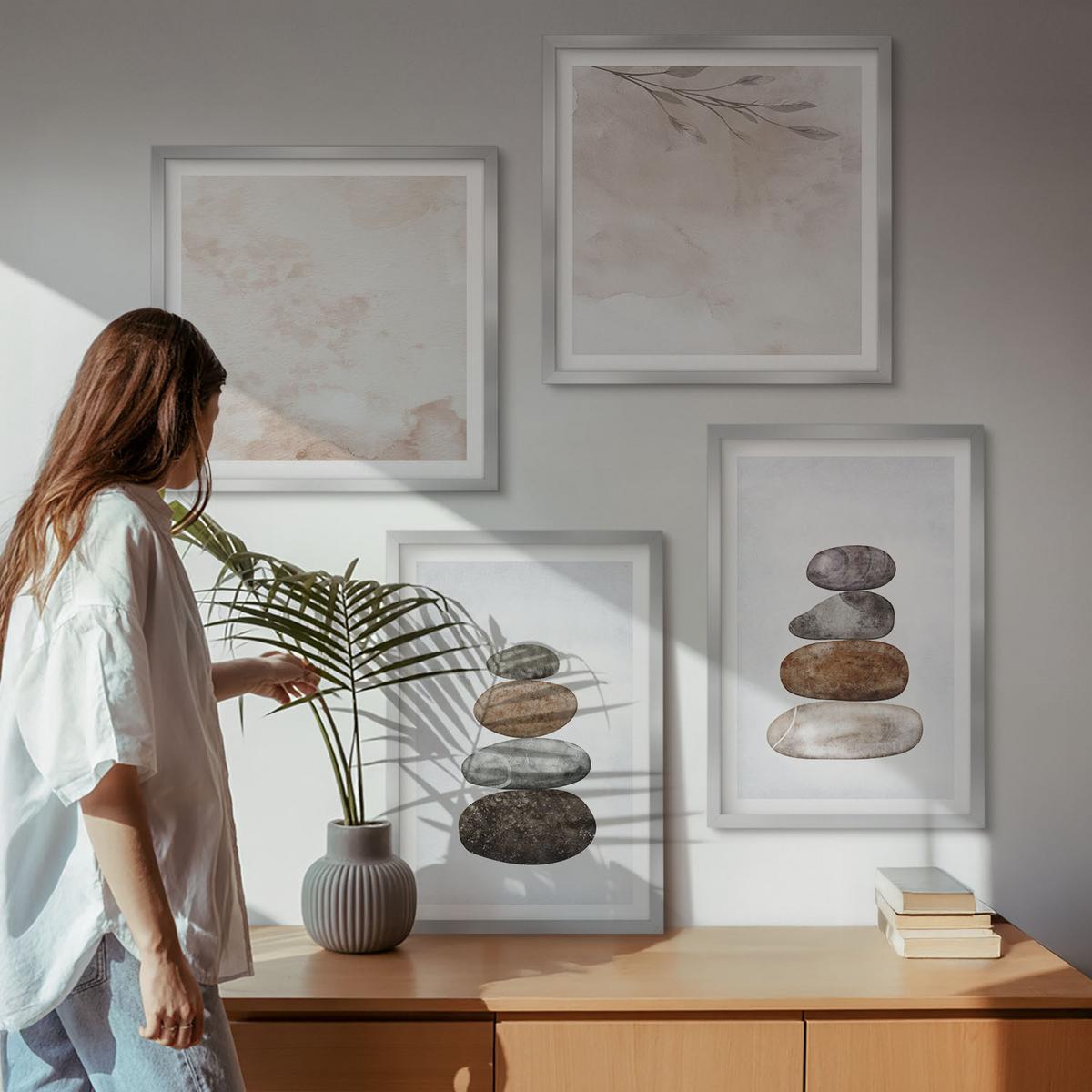 BILDER SET 4er Set - 50x50 cm & 40x60 cm Silberner Rahmen - Steinstapel-Boho-Malerei - Silberfarben, Kunststoff (50/50cm) - TULUP