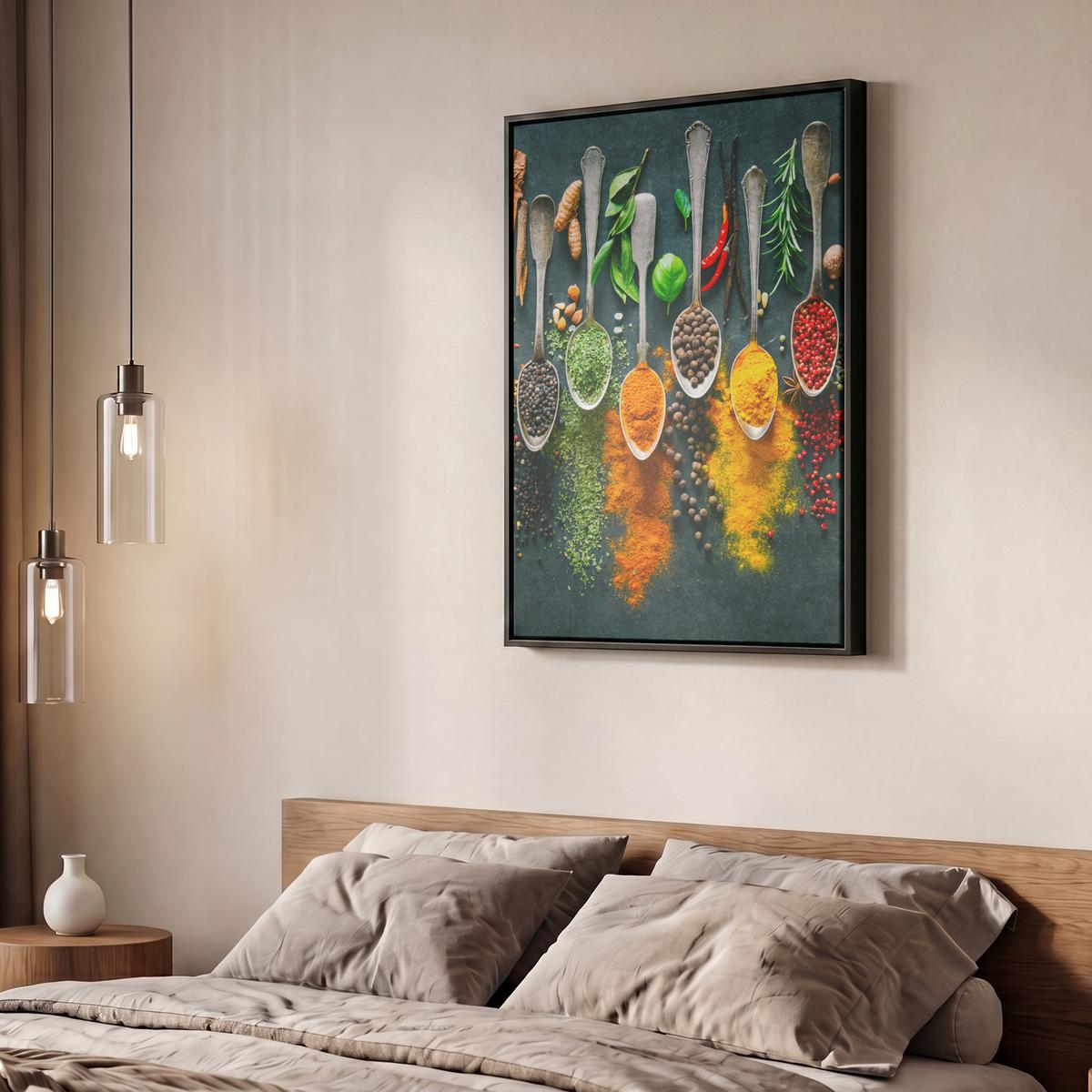 LEINWAND Bilder mit Rahmen - Kräuter - Gewürze - Löffel - 50x70 - Currygelb, Textil (50/70cm) - MuchoWow