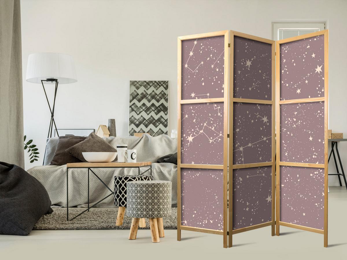PARAVENT Japanischer 3-tlg 135x172 cm Sterne - Violett, Holz/Textil (135/172/3cm) - Muralo