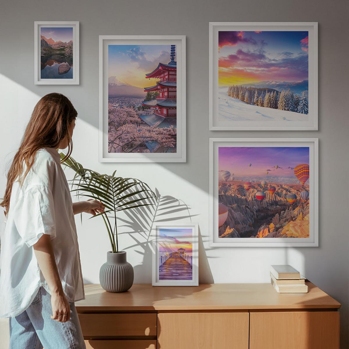 BILDER SET 5er Set - 50x50 cm & 20x30 cm & 40x60 cm Weißer Rahmen - Romantische Himmelslandschaften - Weiß, Kunststoff (40/60cm) - TULUP
